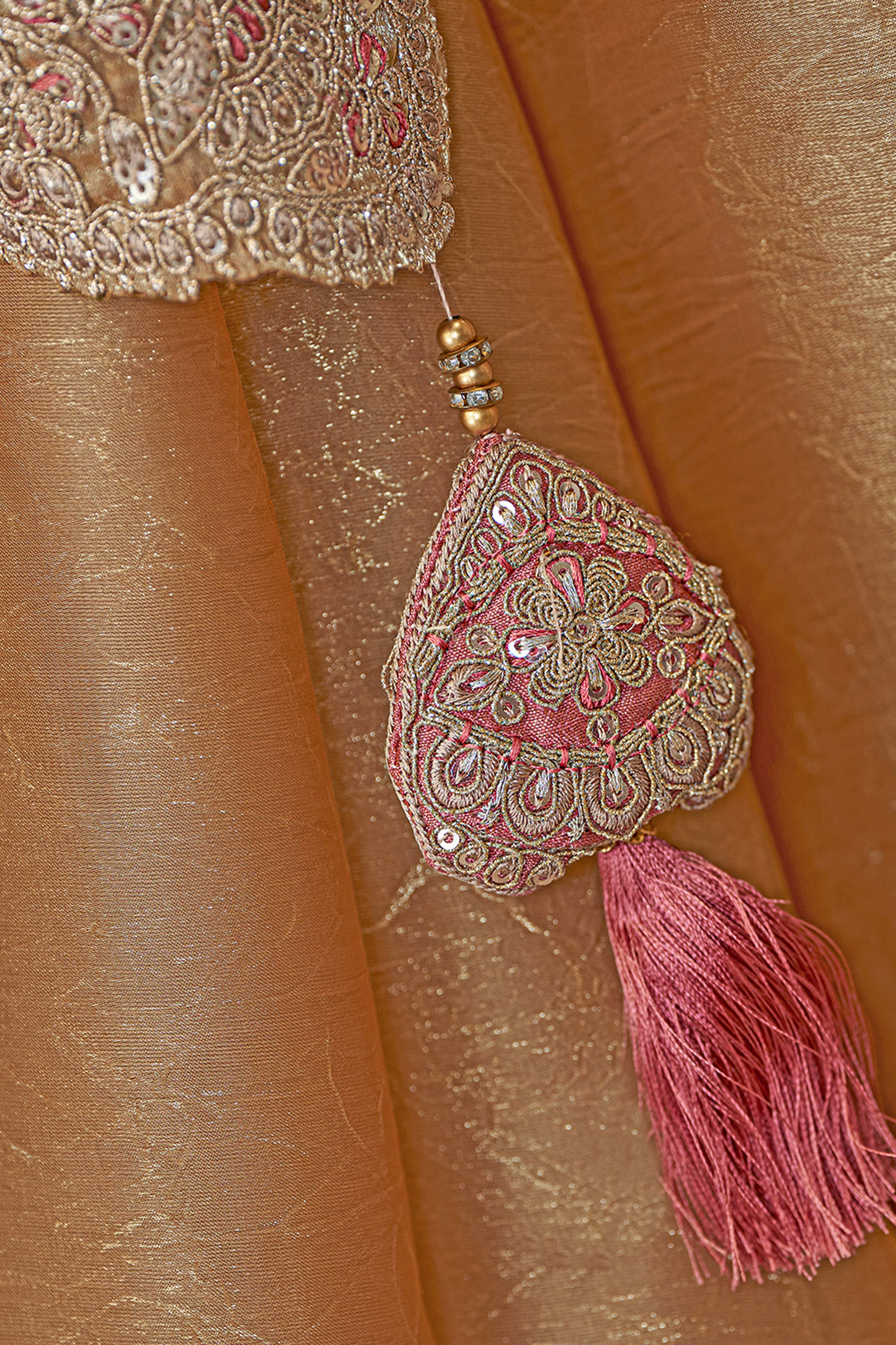 Designer Gold Georgette Saree Adorned With Floral Cording Sequins Embroidery & Cutwork Border