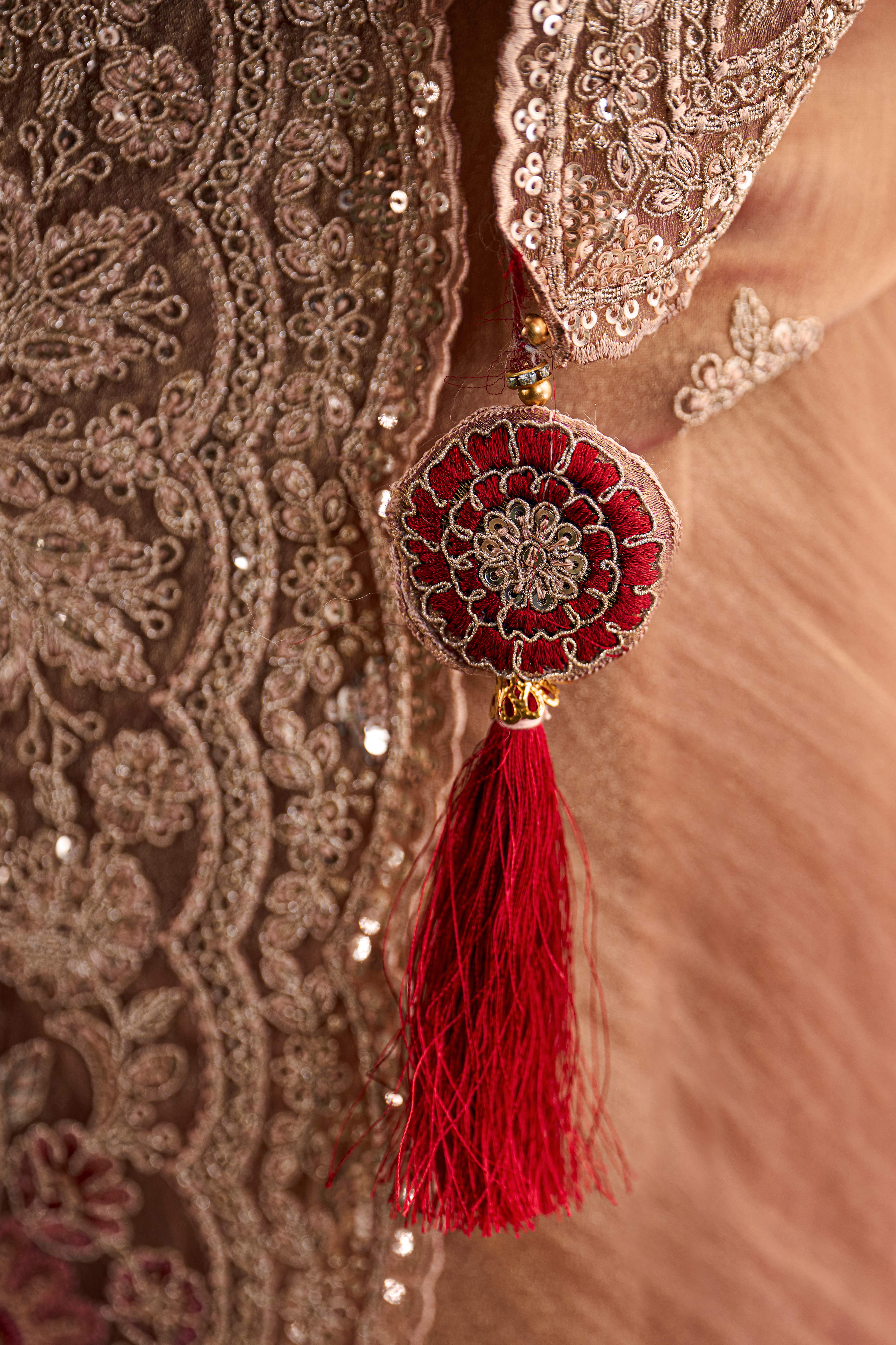 Graceful Peach Georgette Saree Adorned With Floral Cording Sequins Embroidery & Cutwork Border