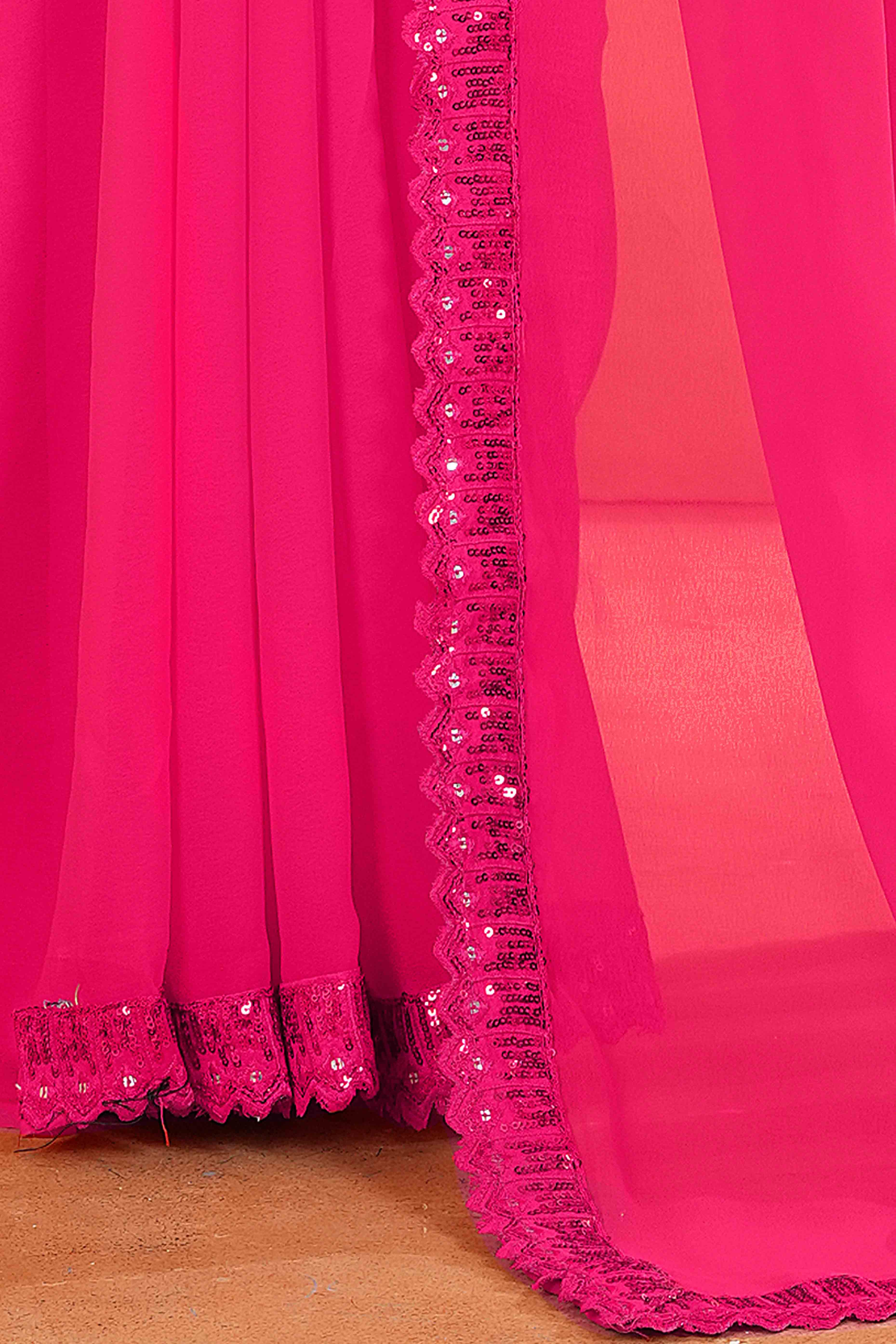 Pink Georgette Saree with Subtle Solid Pattern and Sequins Border