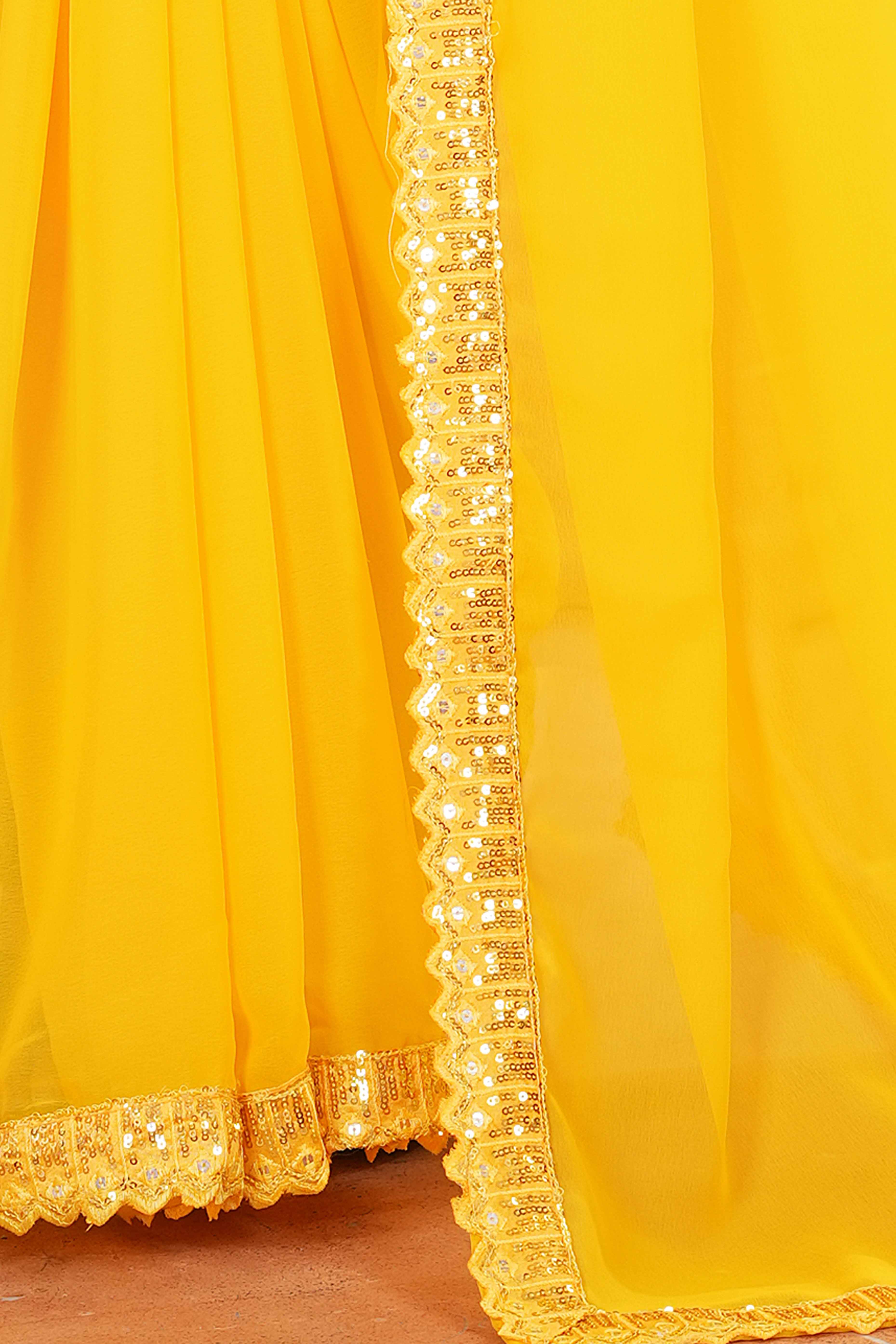 Yellow Georgette Saree with Subtle Solid Pattern and Sequins Border