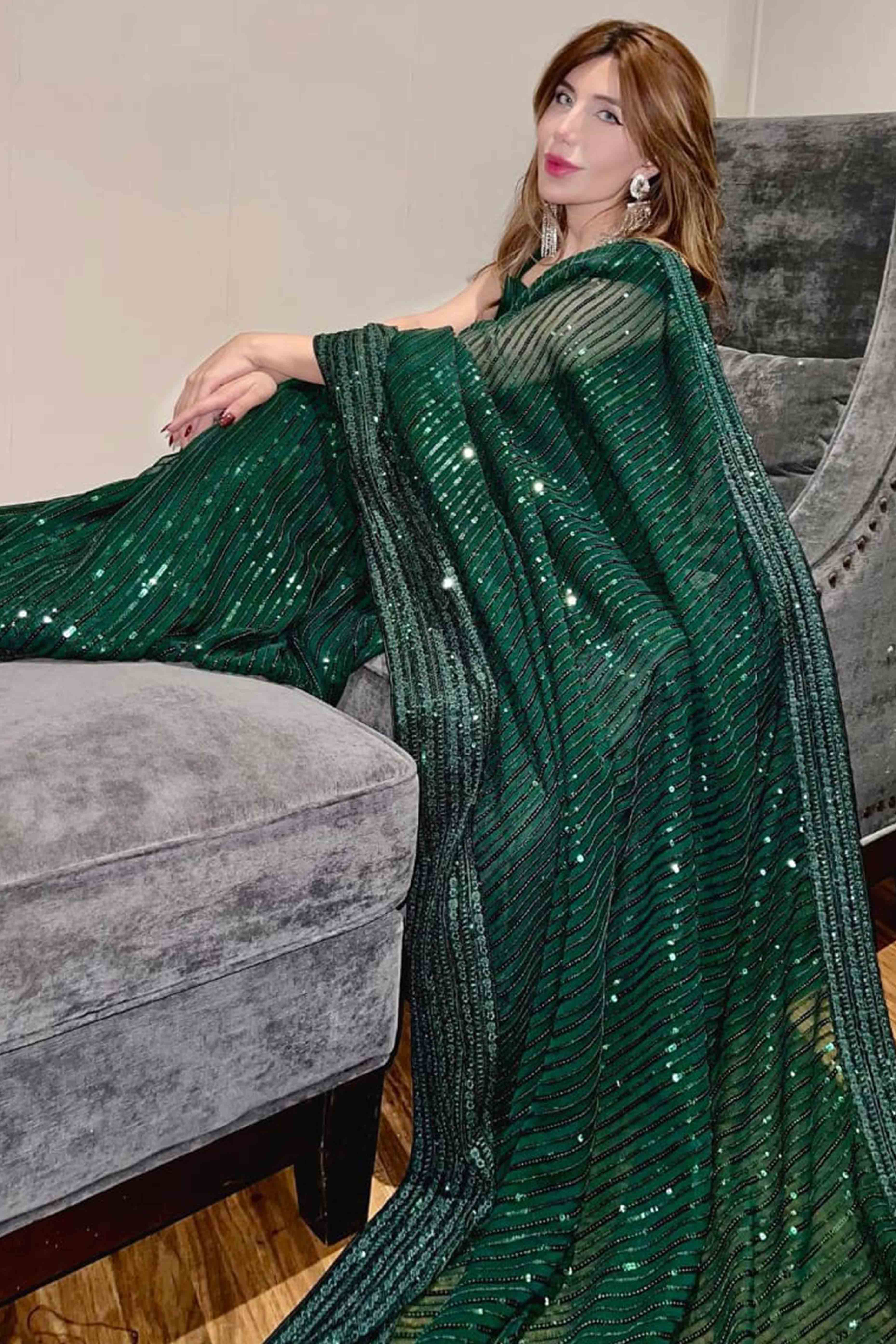 Charming Green Partywear Saree in Georgette with Stylish Sequin Embellishments