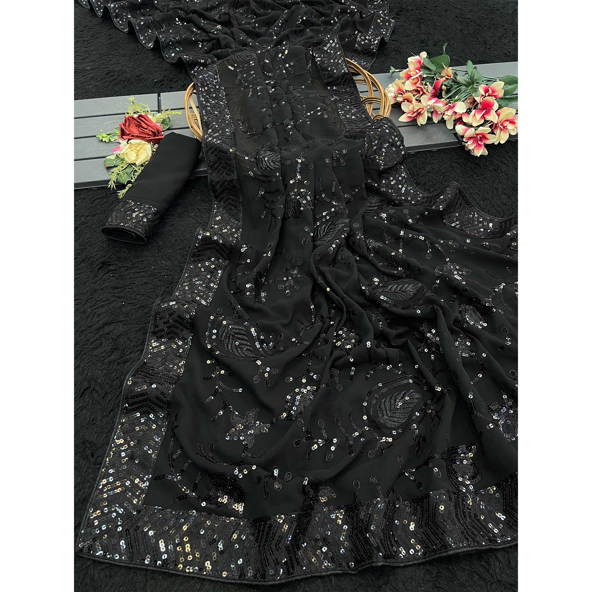 Black Sequins Embellished Georgette Saree with Delicate Embroidery and Sheer Grace