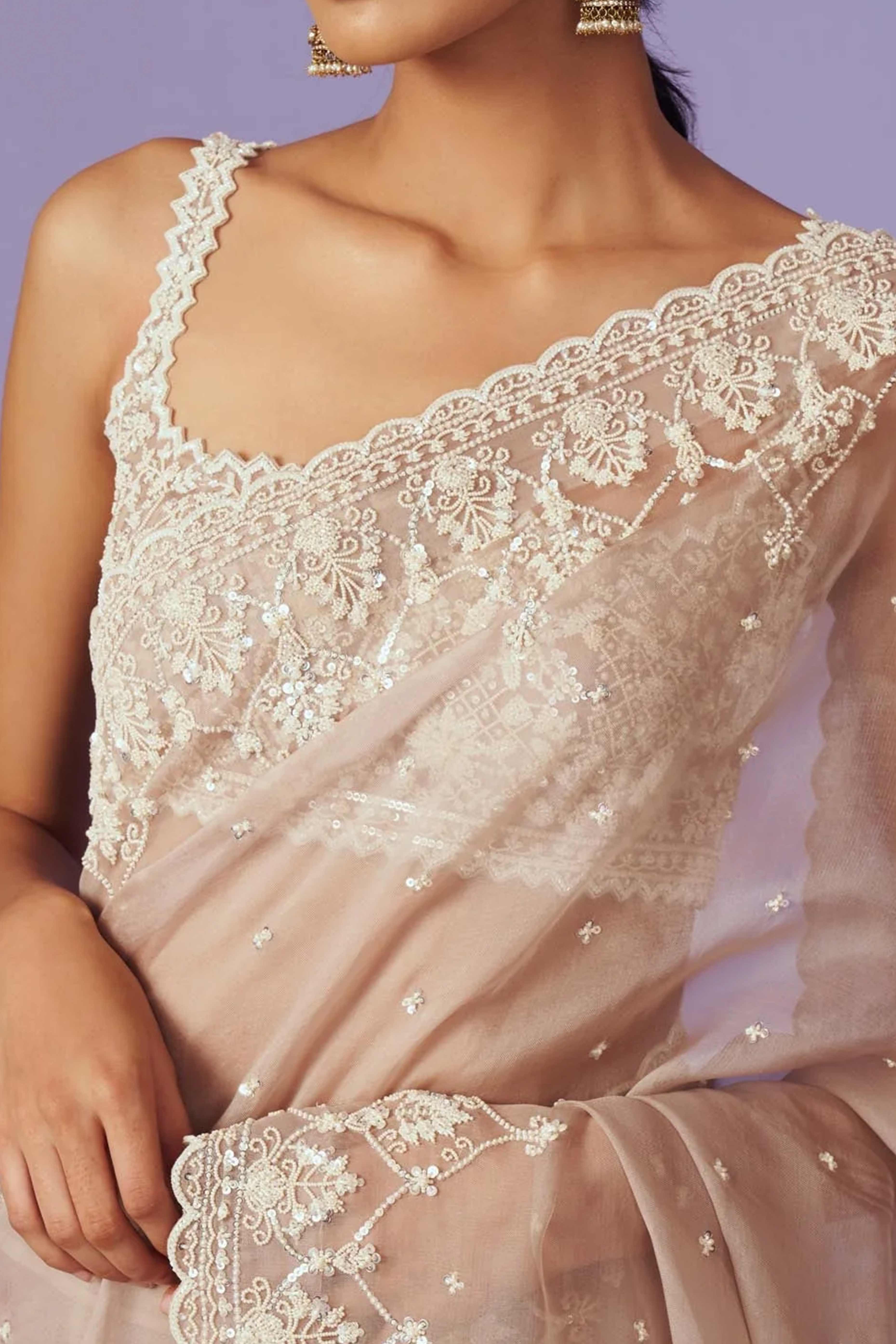 Peach Organza Saree Enhanced with Elegant Sequins Embroidery