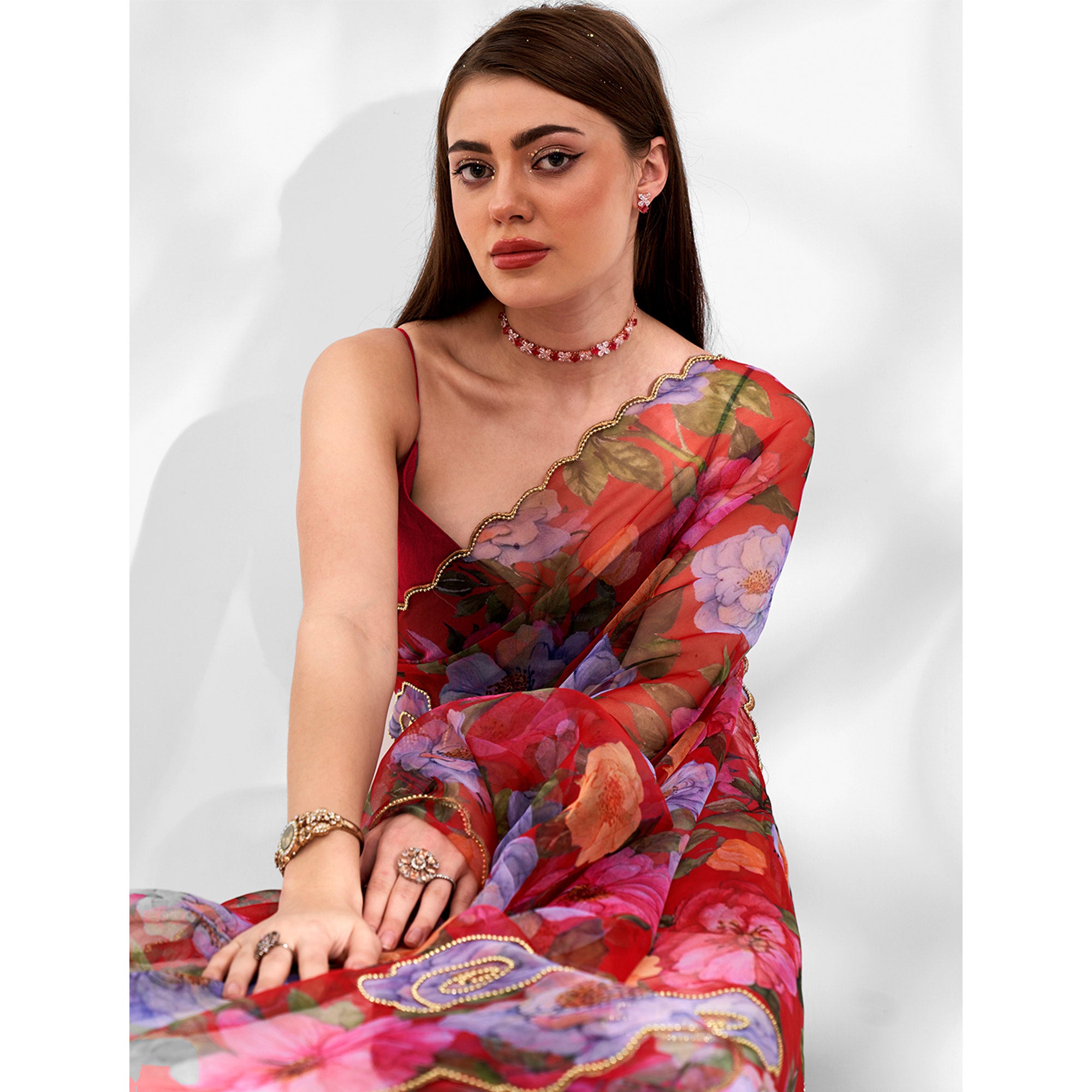 Red Floral Printed Khatli Work Organza Saree