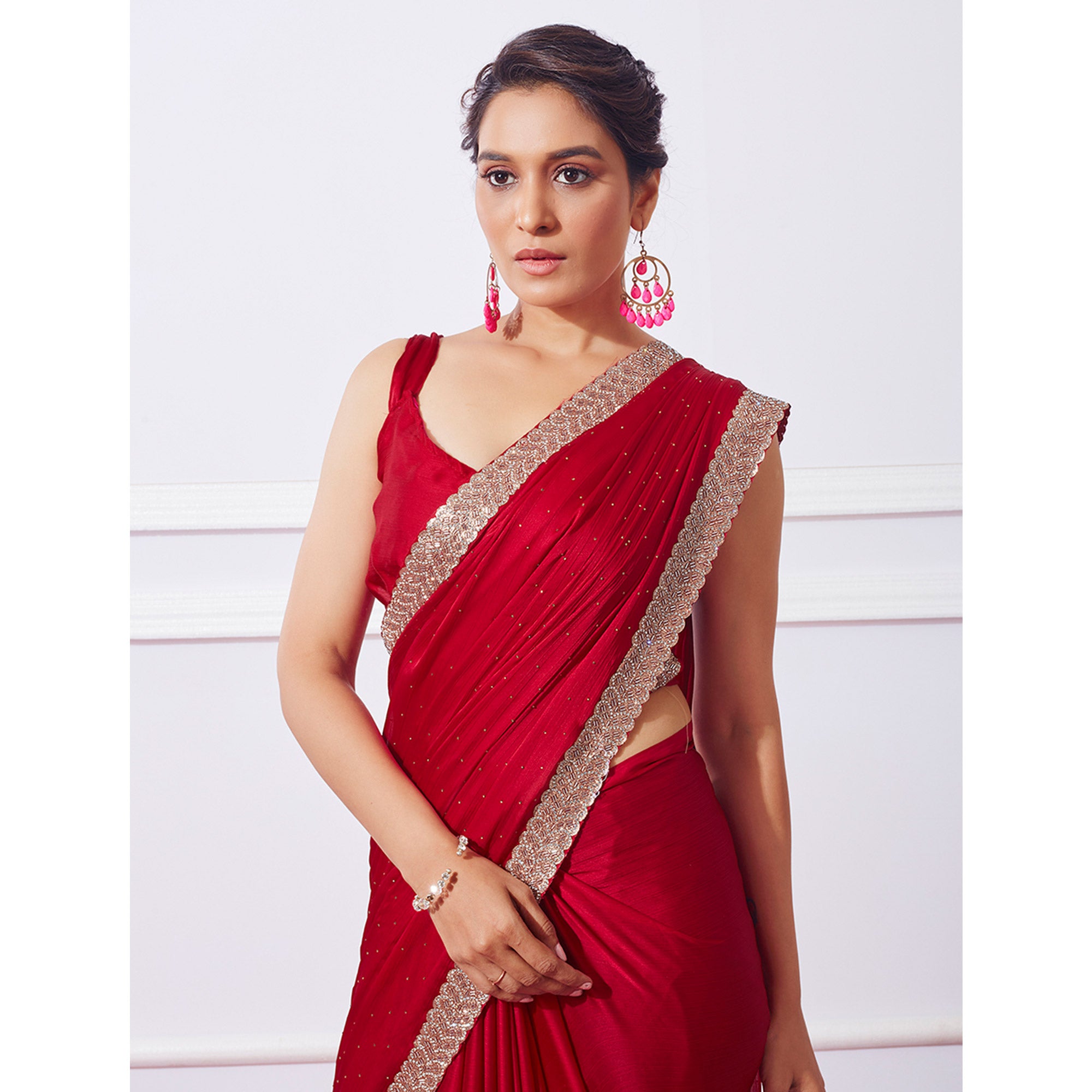 Red Embroidered Swaroski Work Satin Saree