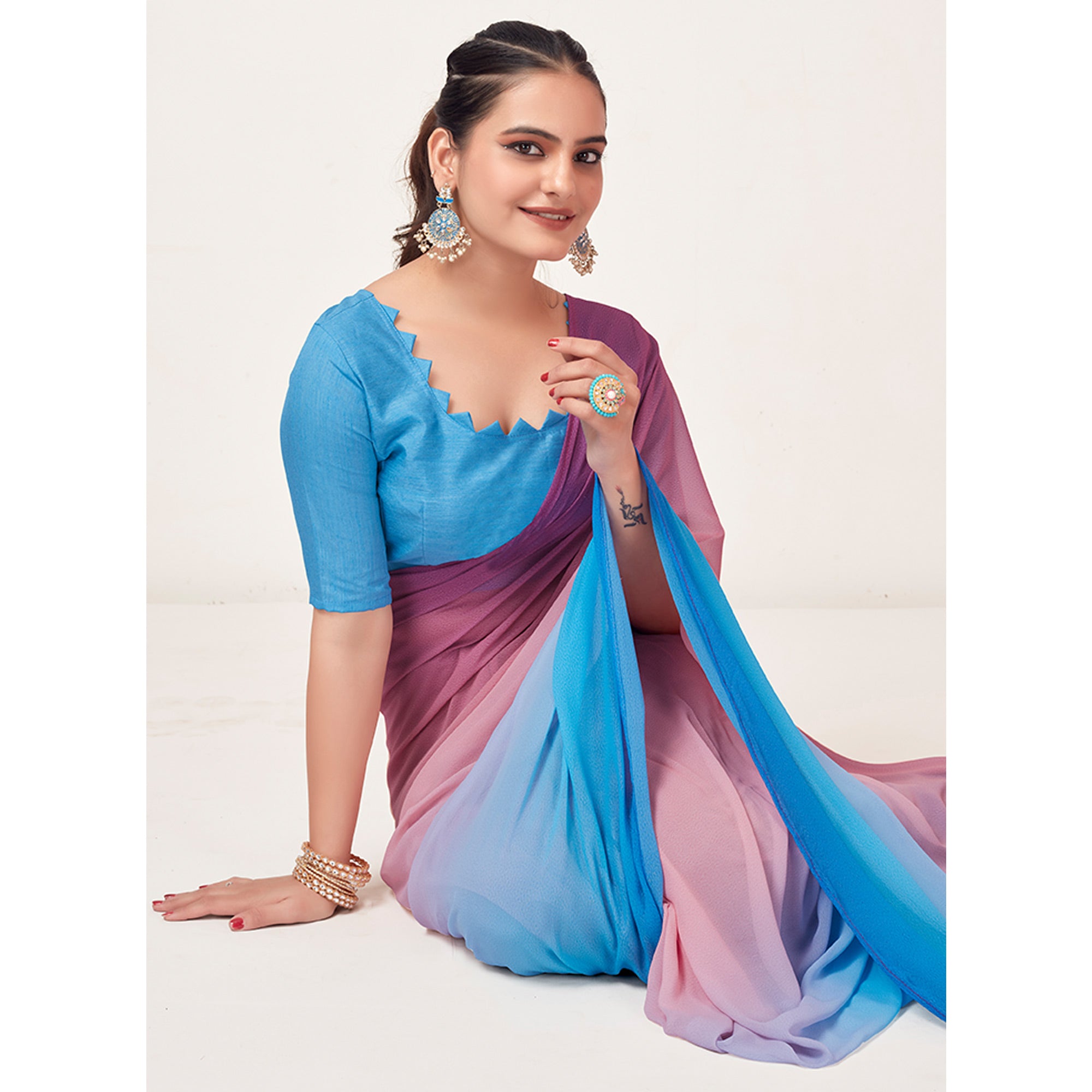 Pink & Blue Printed Georgette Saree