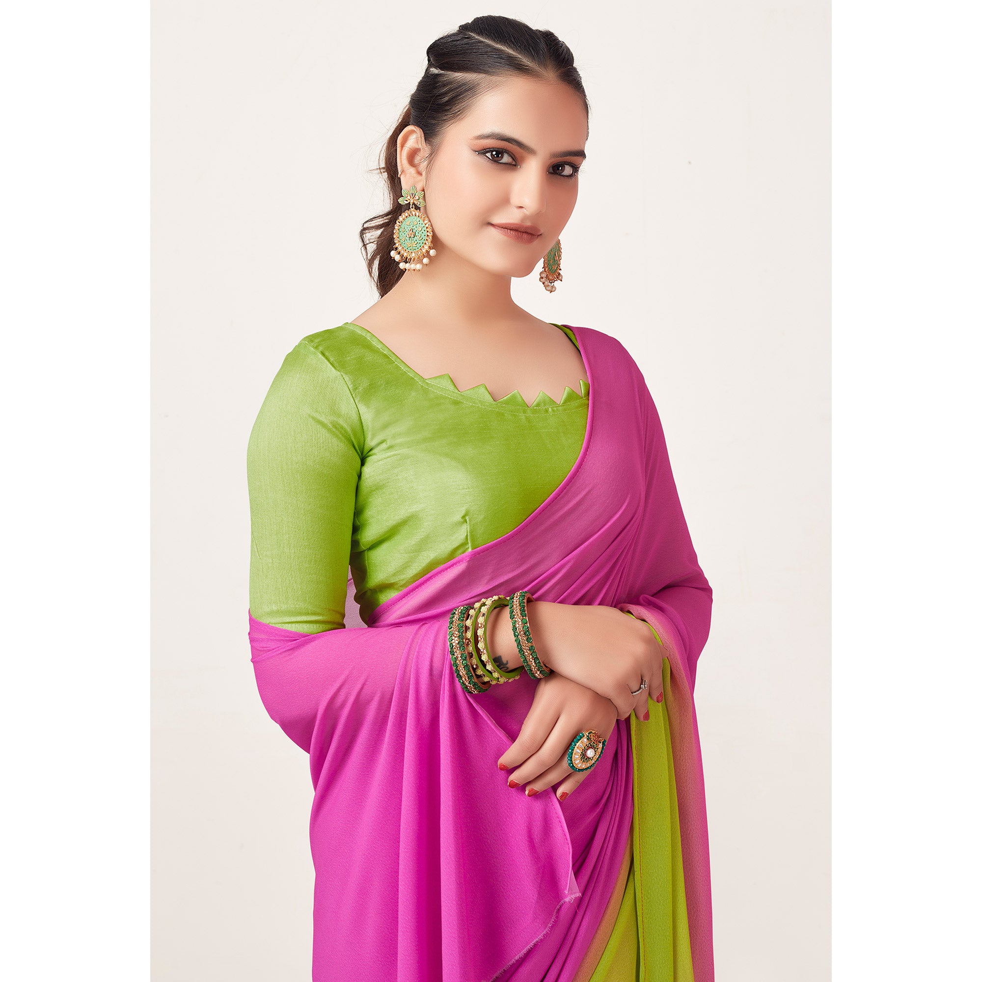 Pink & Neon Green Printed Georgette Saree