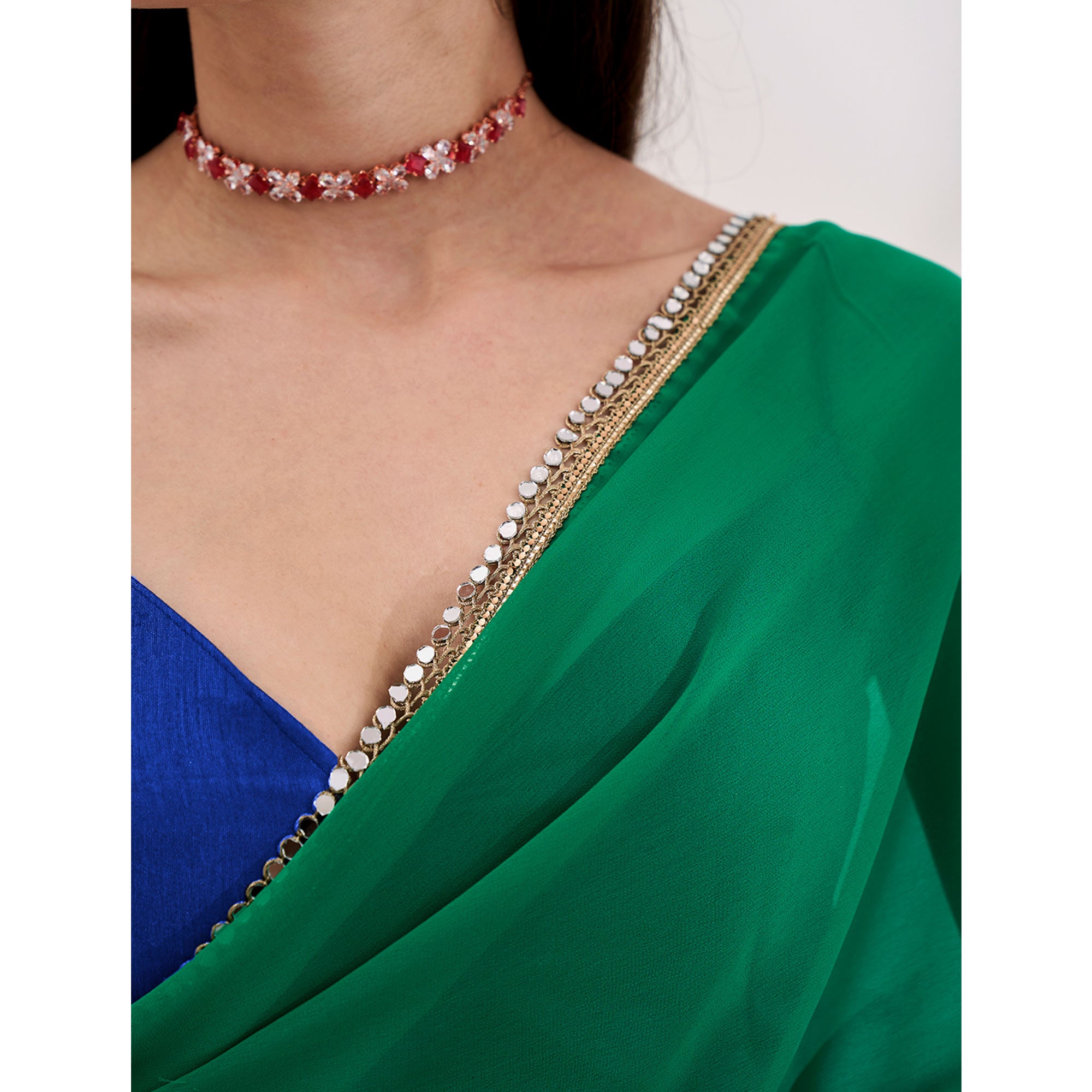 Green & Blue Solid Georgette Designer Saree