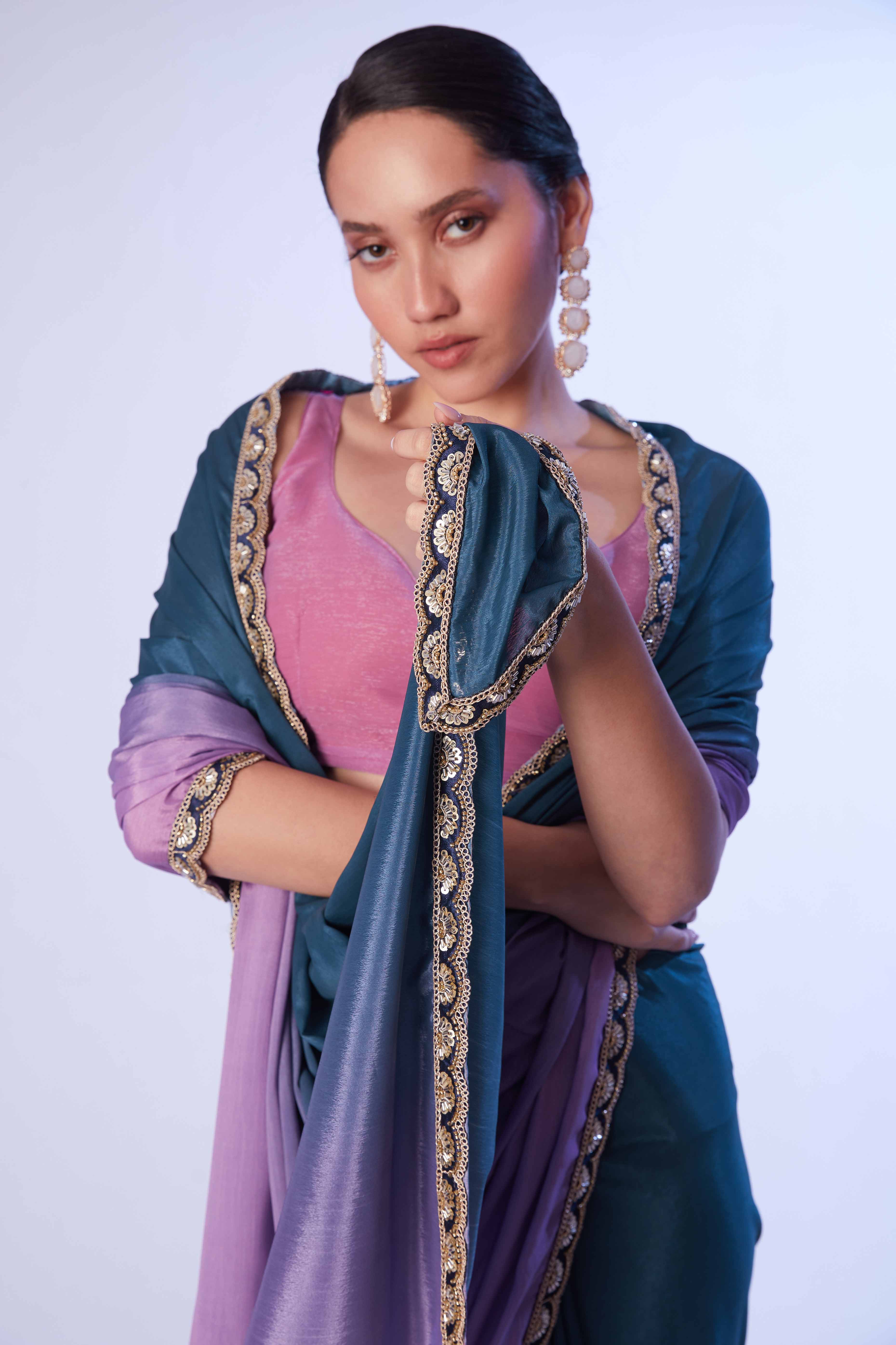 Blue & Purple Ombre Bliss Chinon Solid Saree