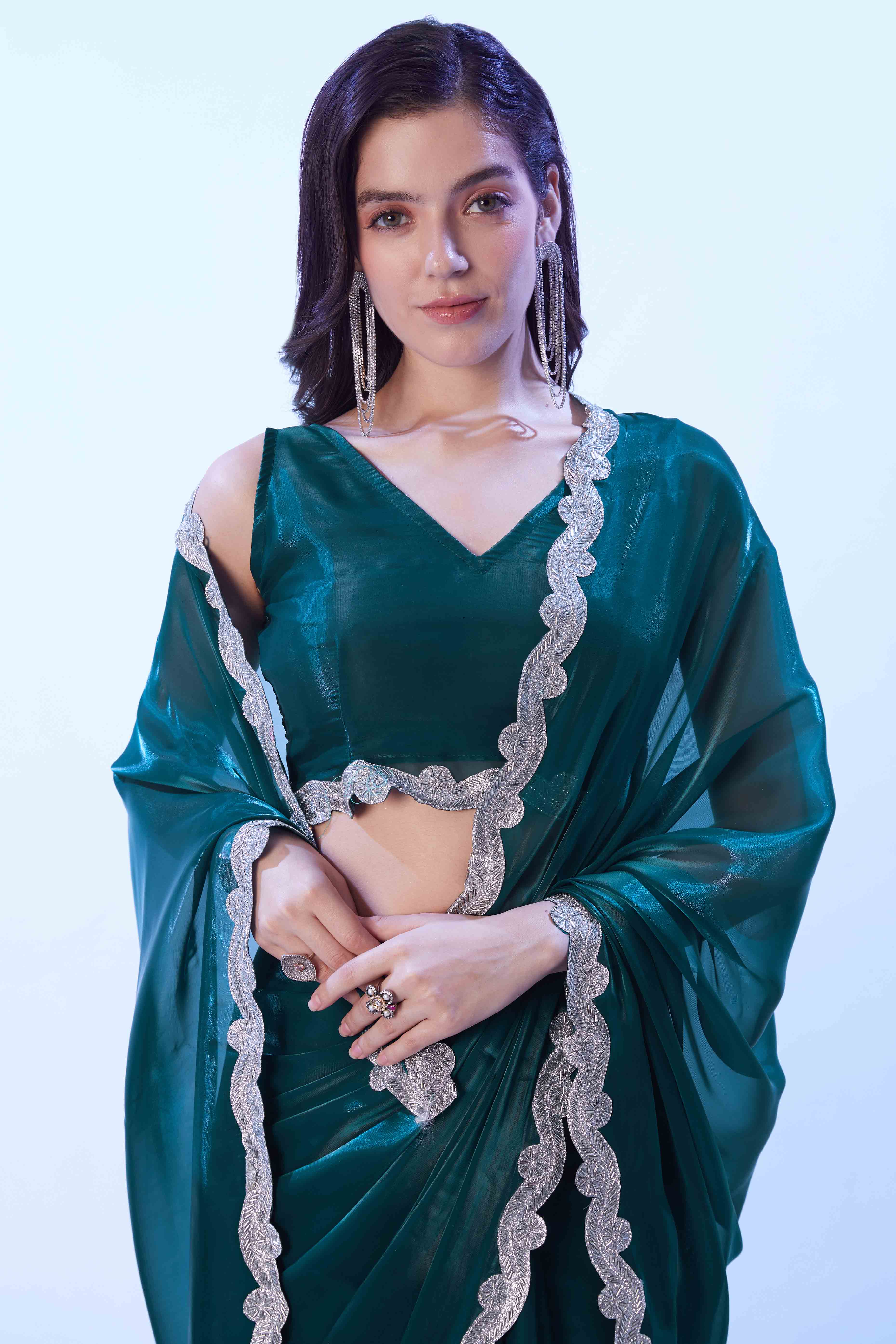 Morpich Green Satin Solid Embroidered Saree Adorned with Beads & Stones