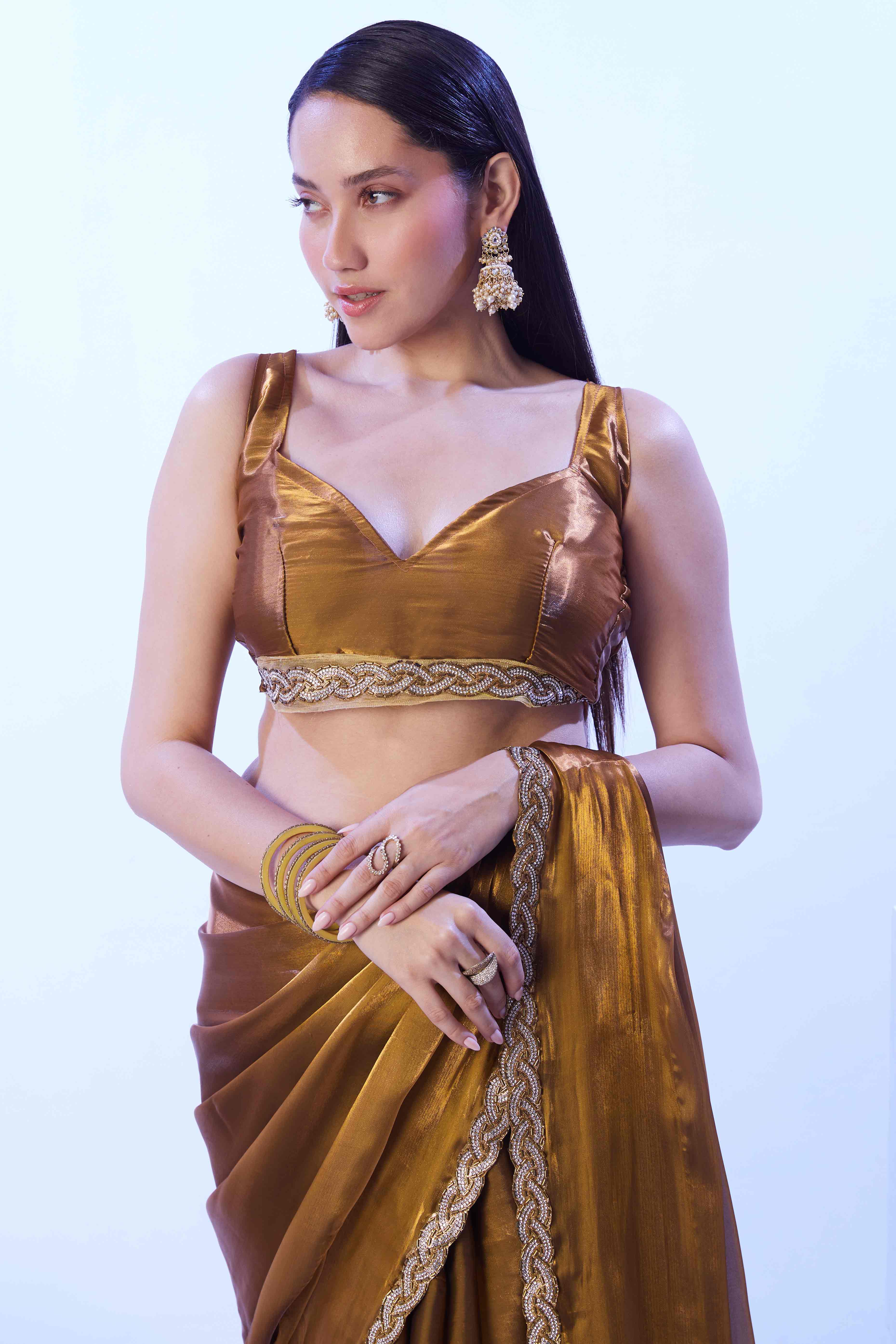Copper Brown Satin Solid Embroidered Saree Adorned with Beads & Stones