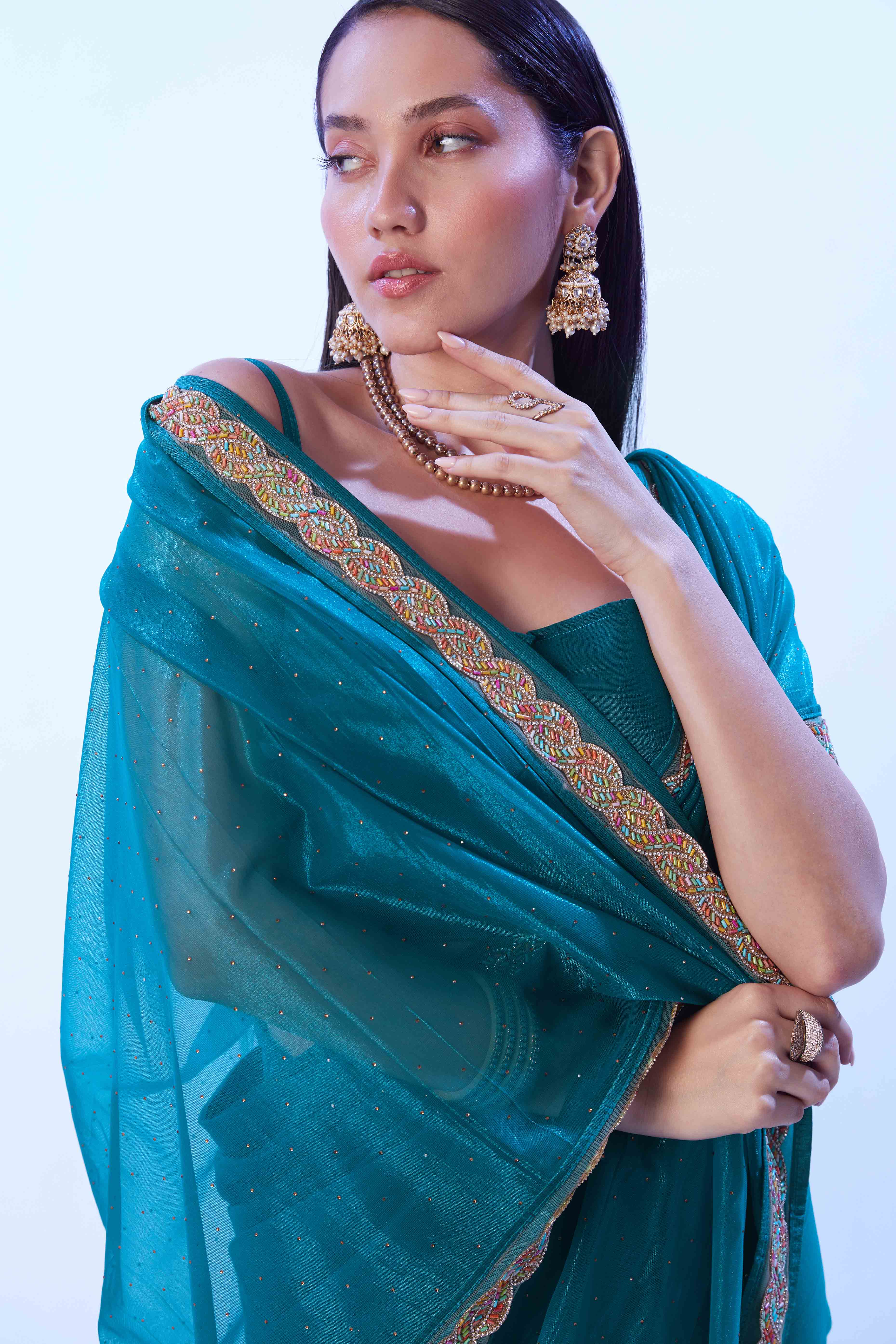 Teal Stone Work Net Solid  Embroidered Saree for Party Wear
