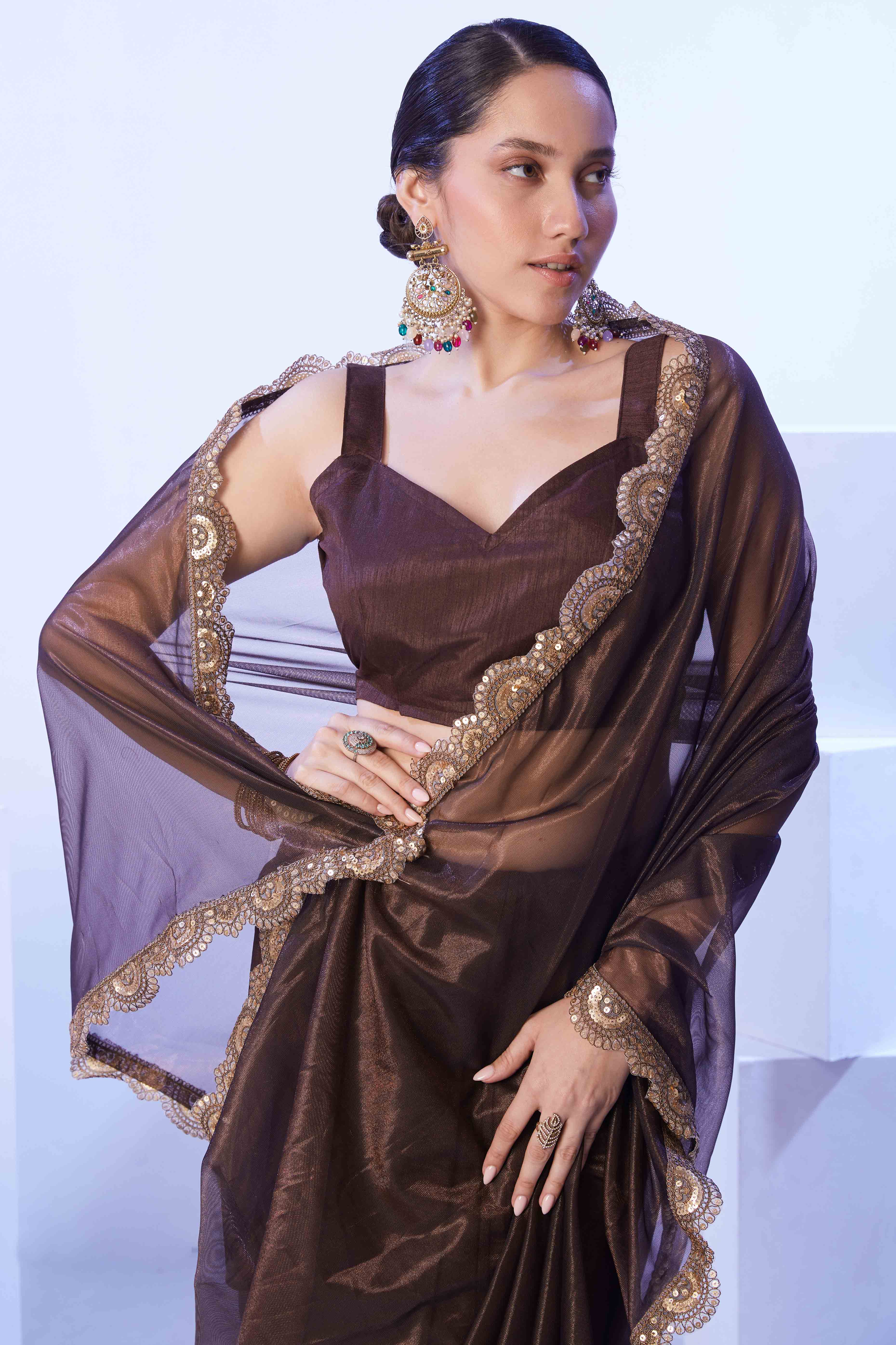 Brown Stone Work Net Solid Saree for Party Wear