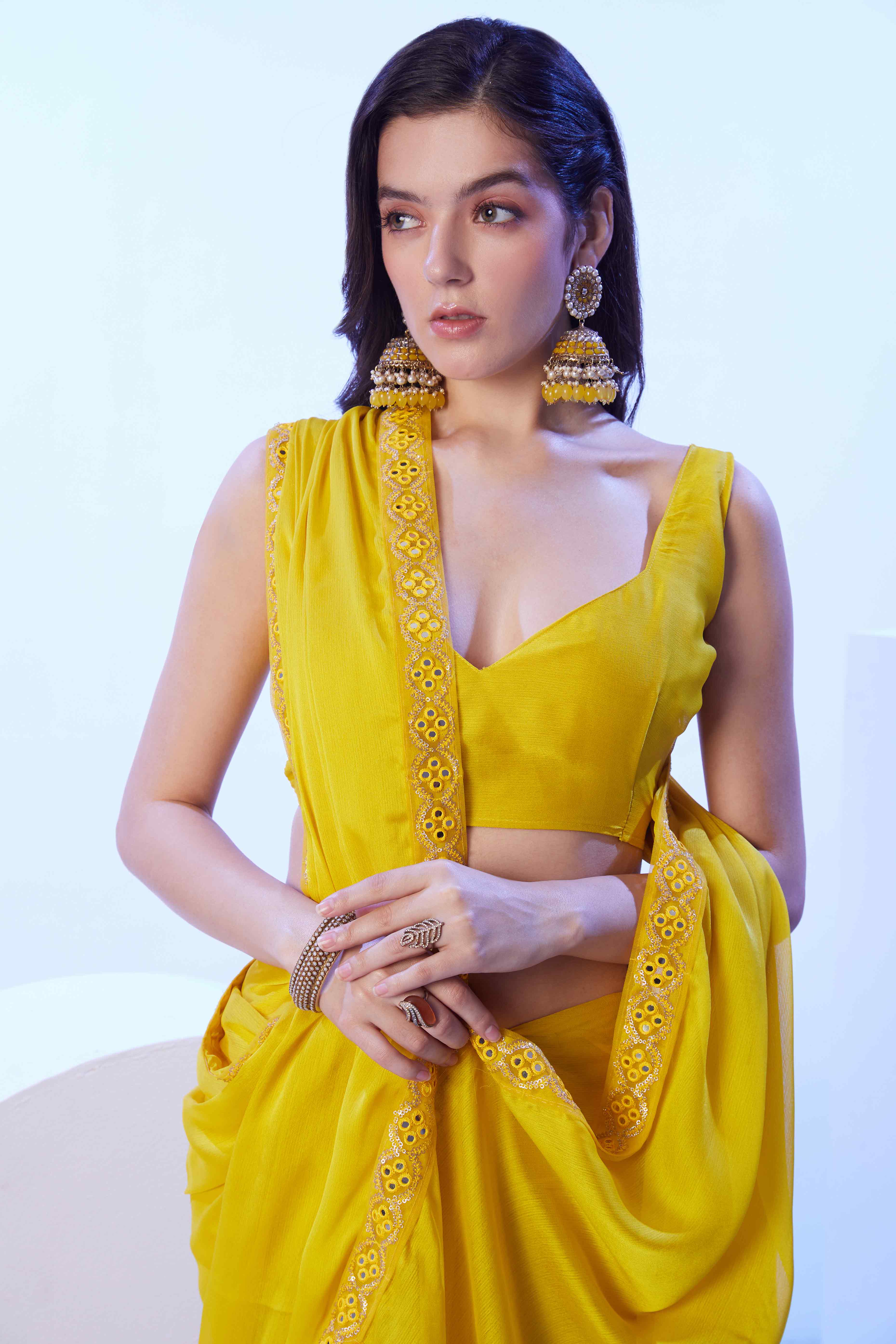 Lime Yellow Chiffon Solid Saree with Mirror Embroidery On Border