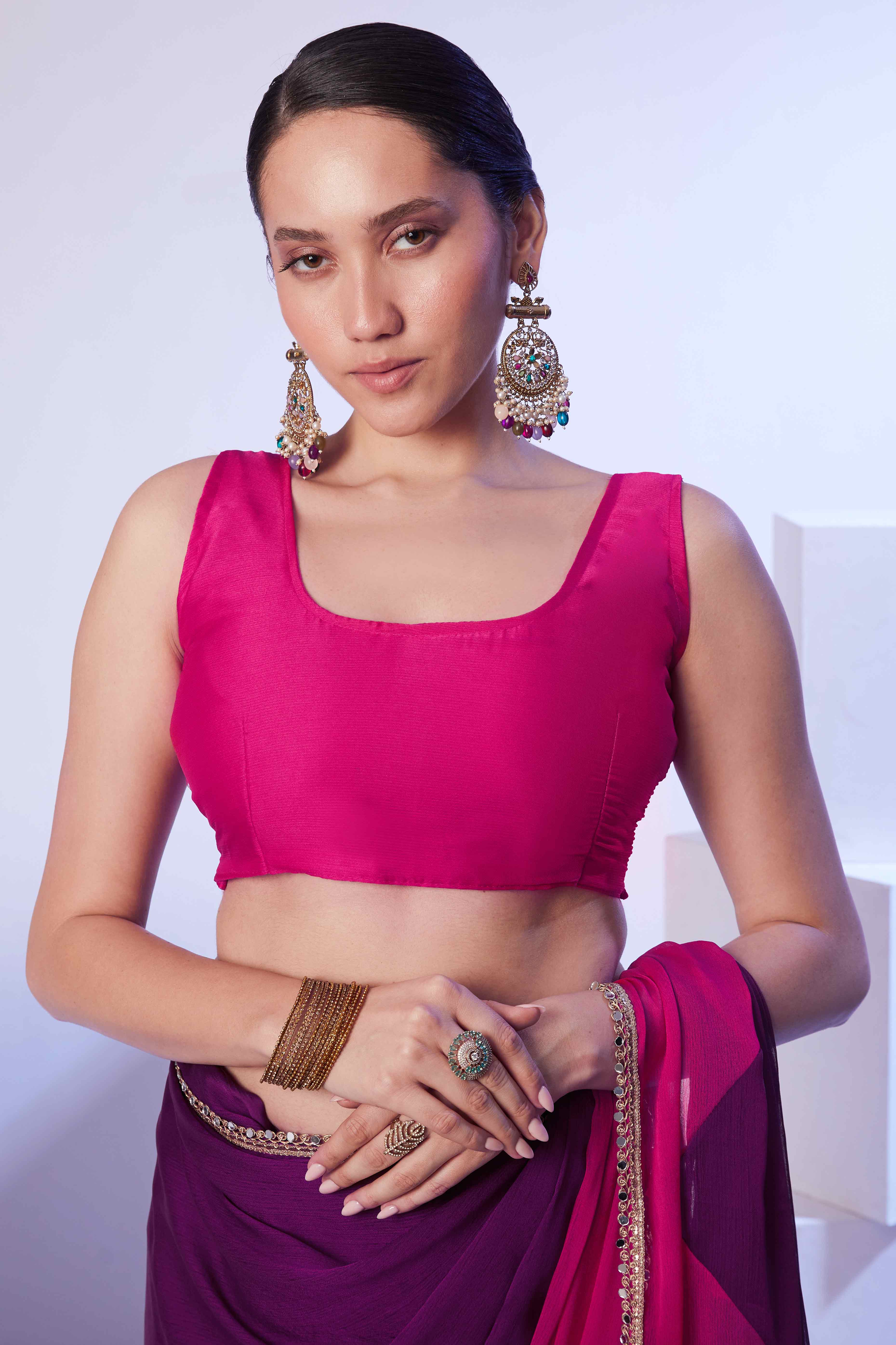 Purple & Pink Satin solid Saree Adorned with Ombre Pattern