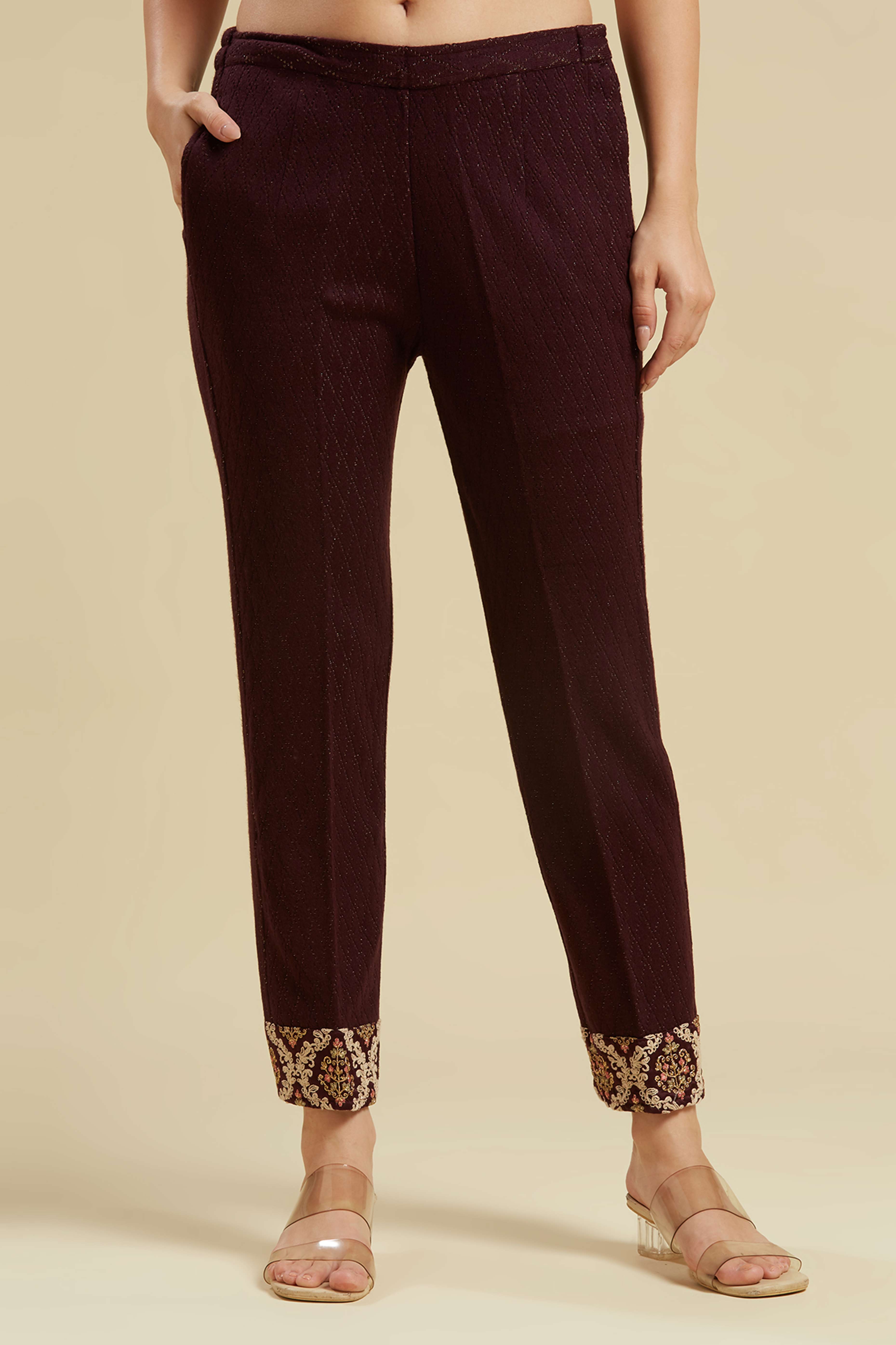 Wine Woven Woolen Straight Top Bottom Set