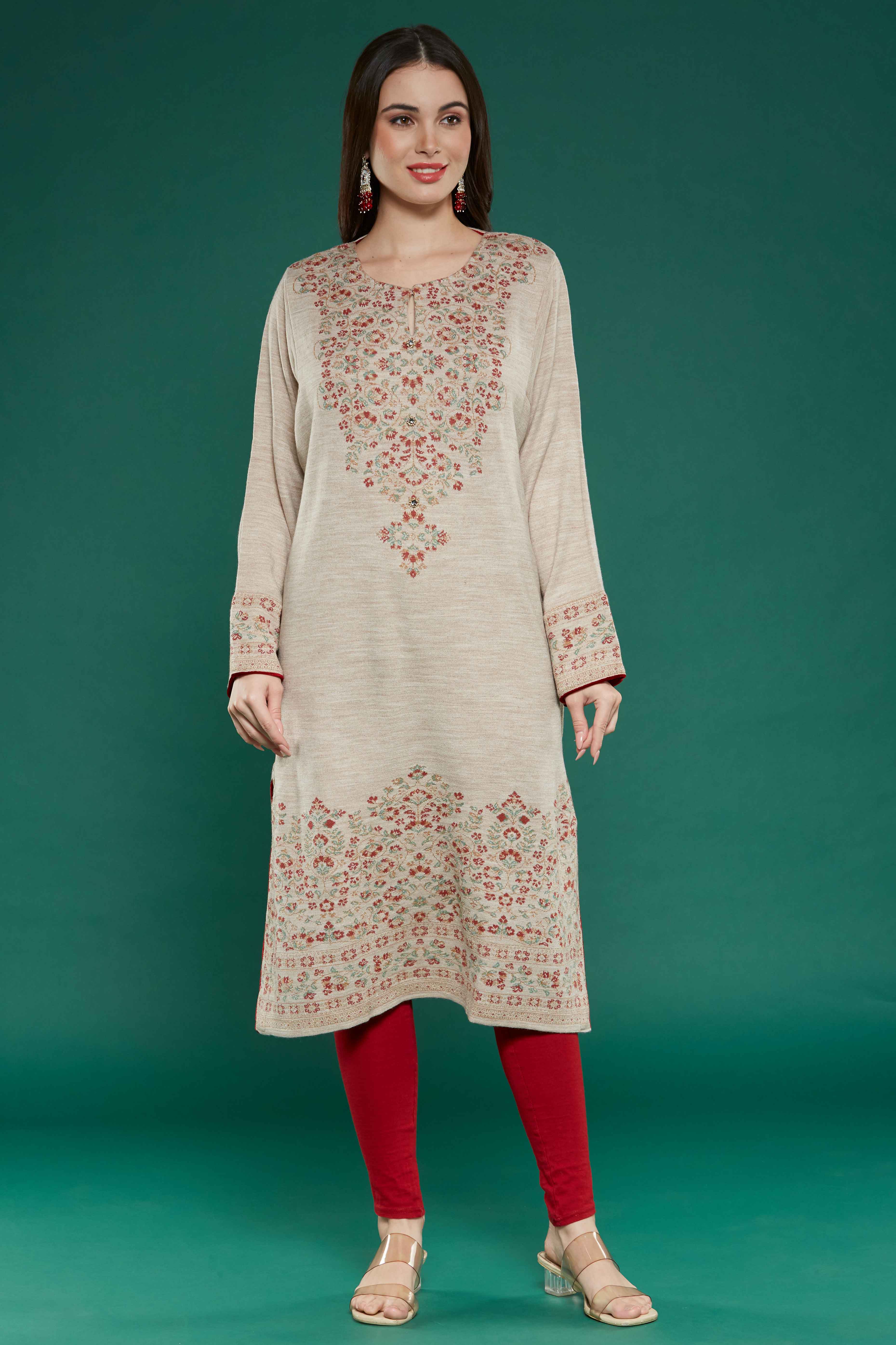 Beige Floral Woven Woolen Straight Kurti