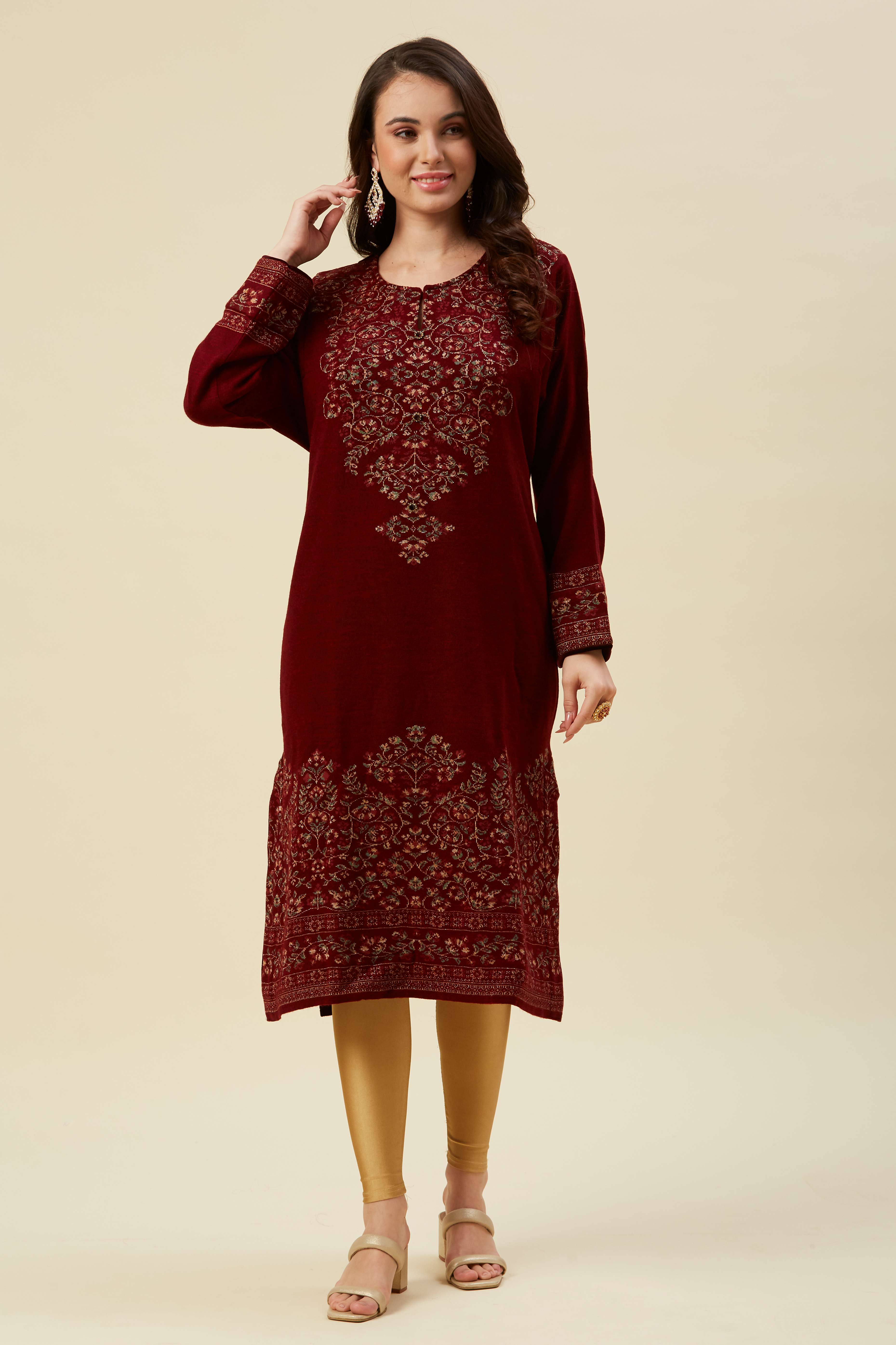 Maroon Floral Woven Woolen Straight Kurti