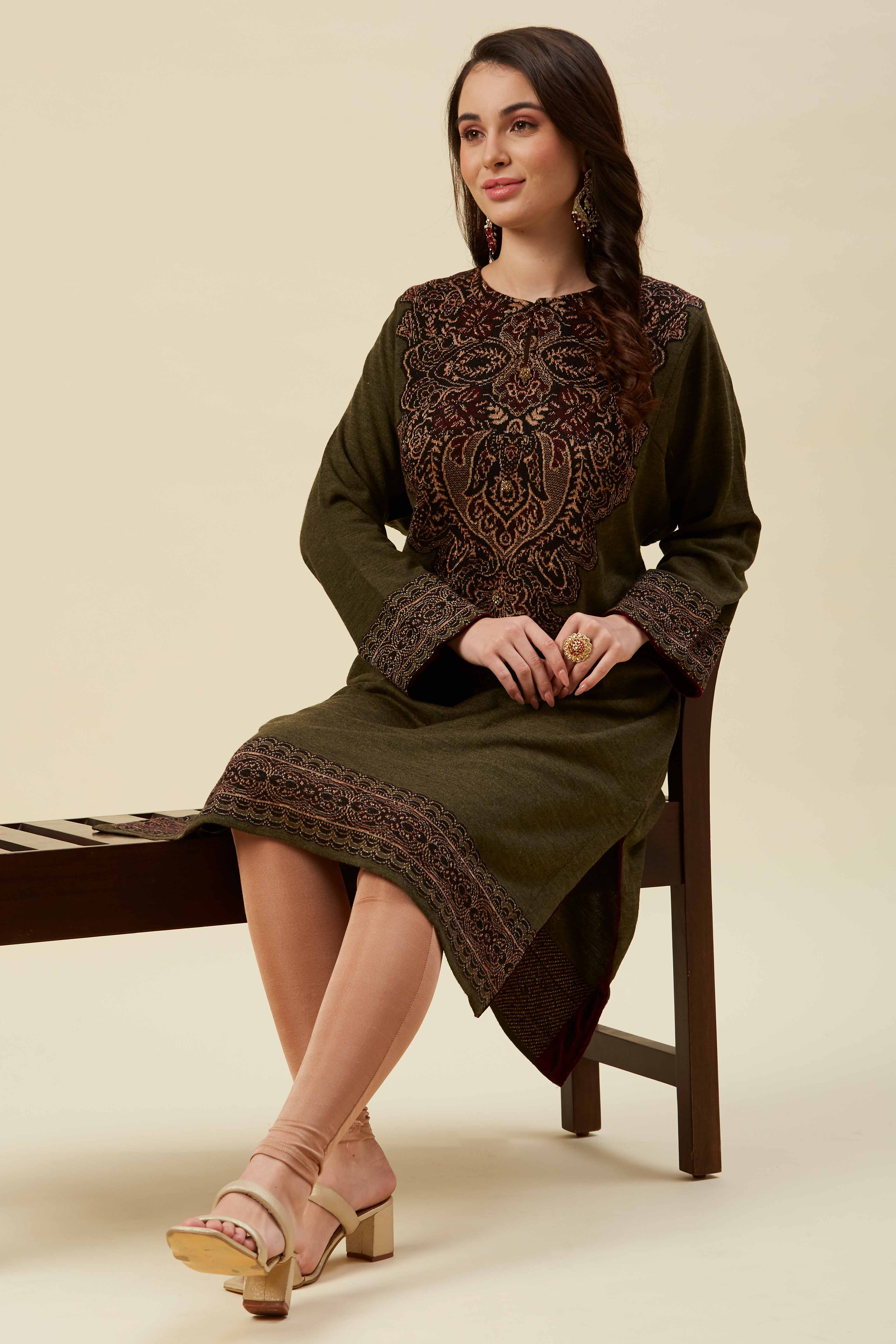 Olive Embroidered Woolen Straight Kurti