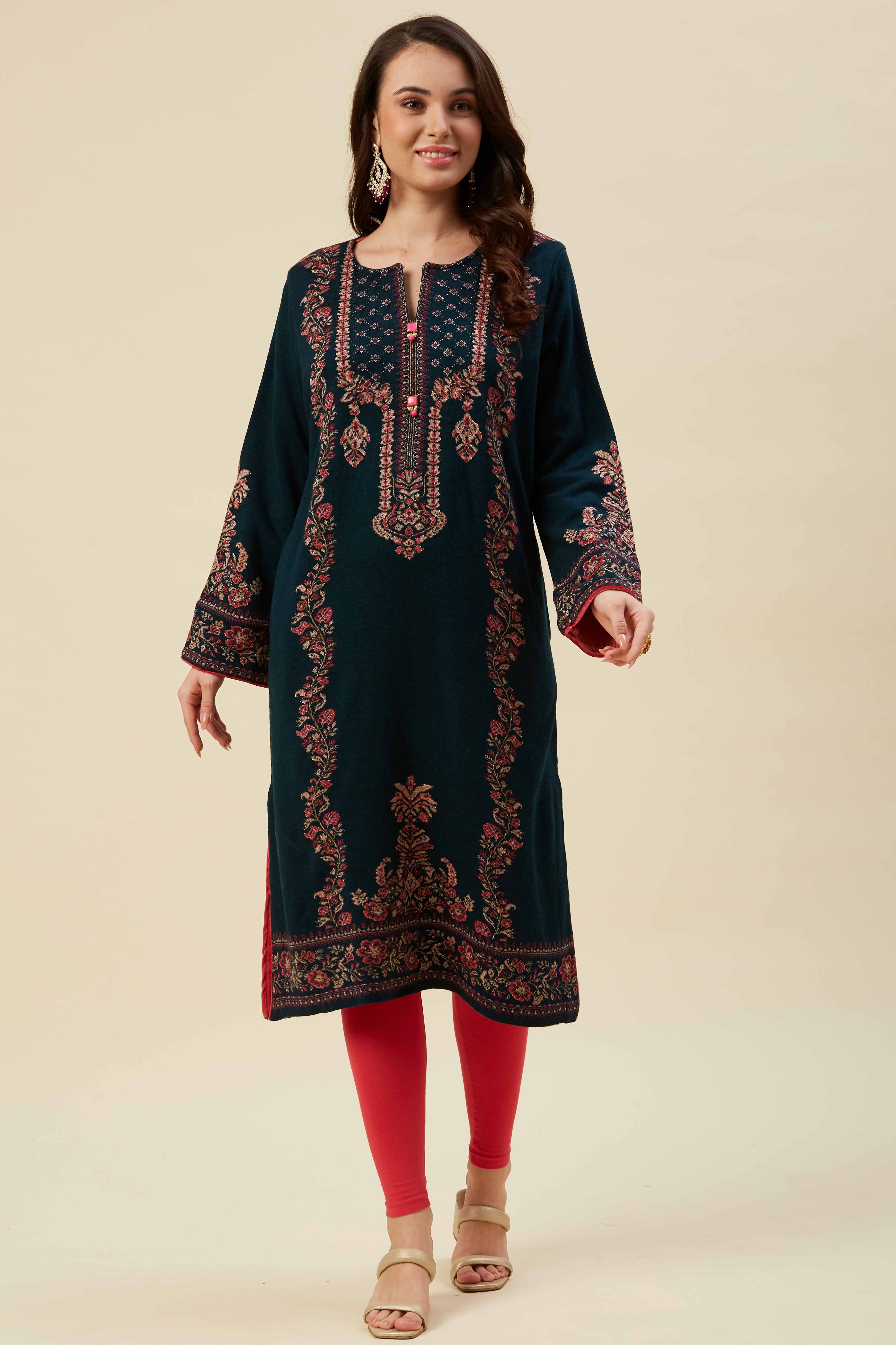 Peacock Blue Floral Woven Woolen Straight Kurti