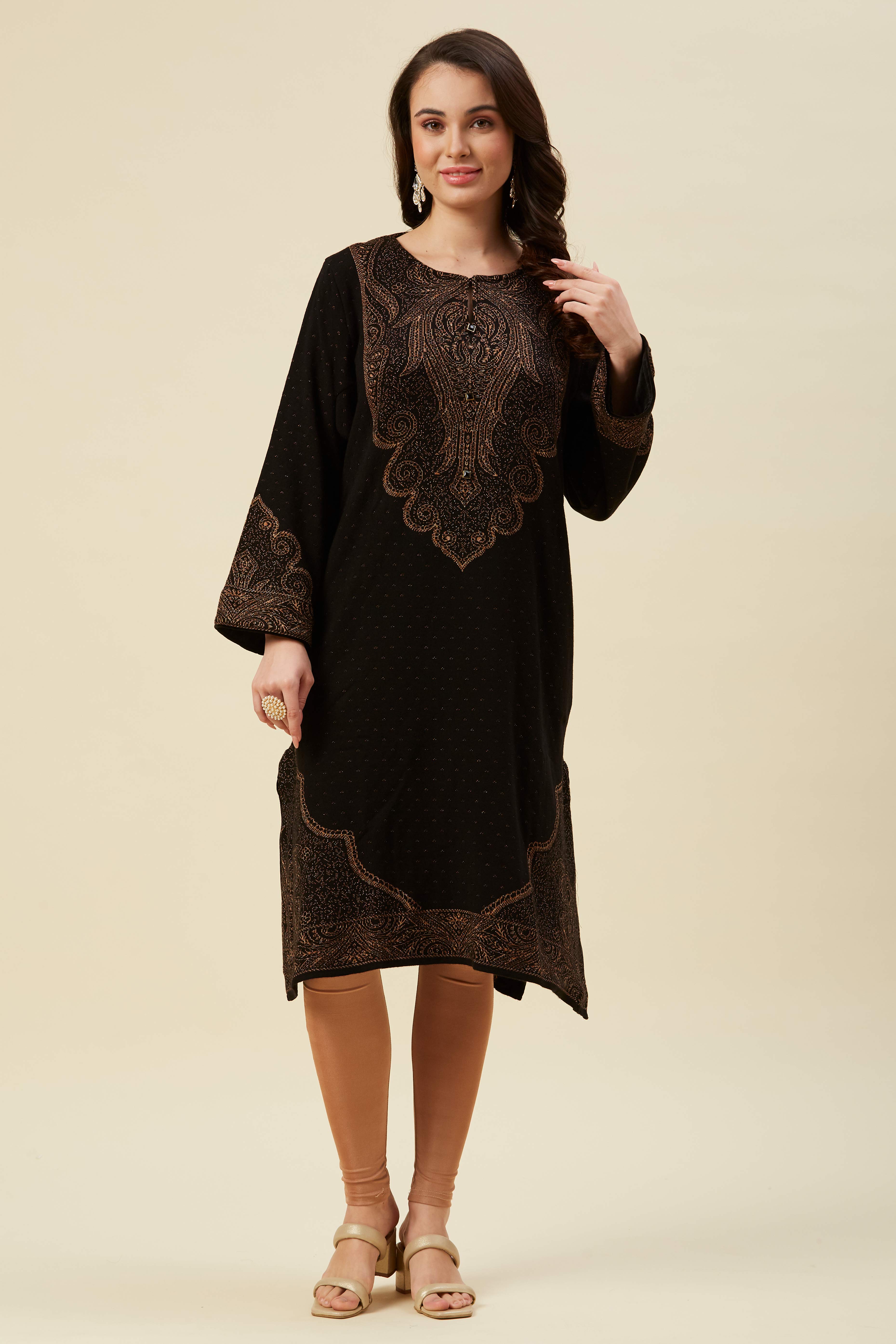 Black Floral Woven Woolen Straight Kurti