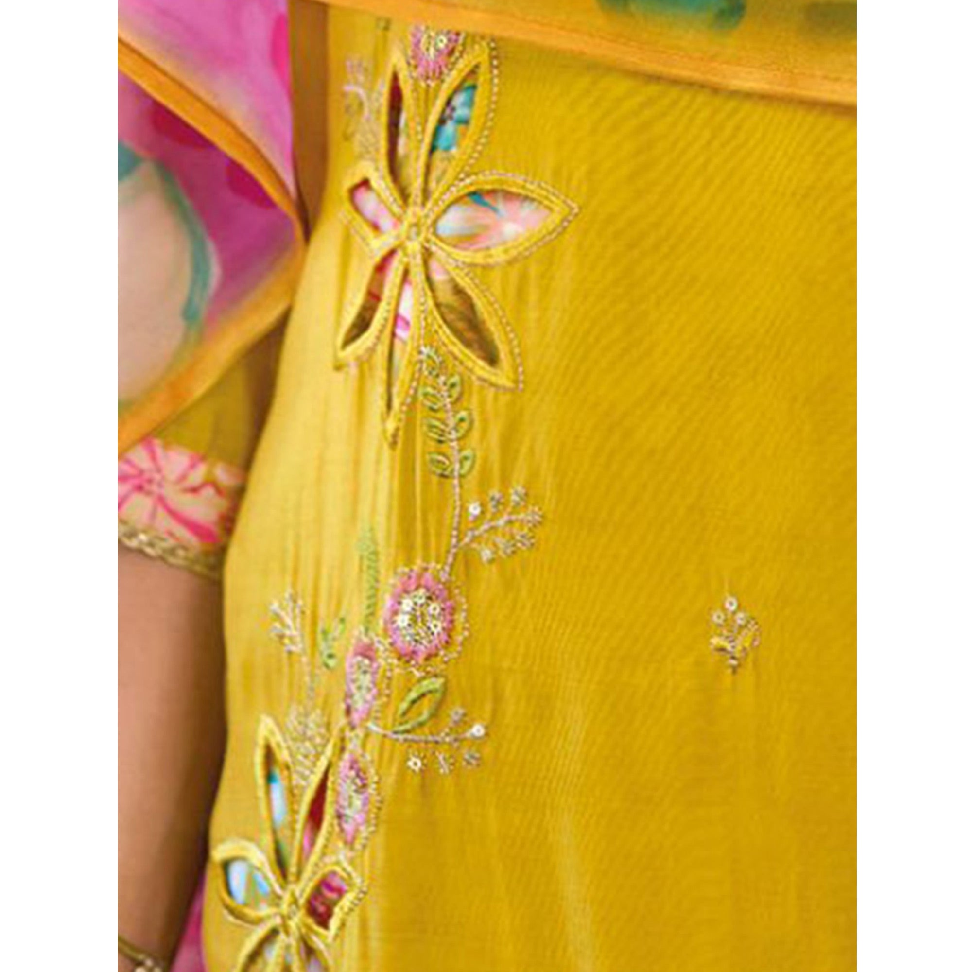 Mustard Floral Handwork Embroidered Viscose Salwar Suit