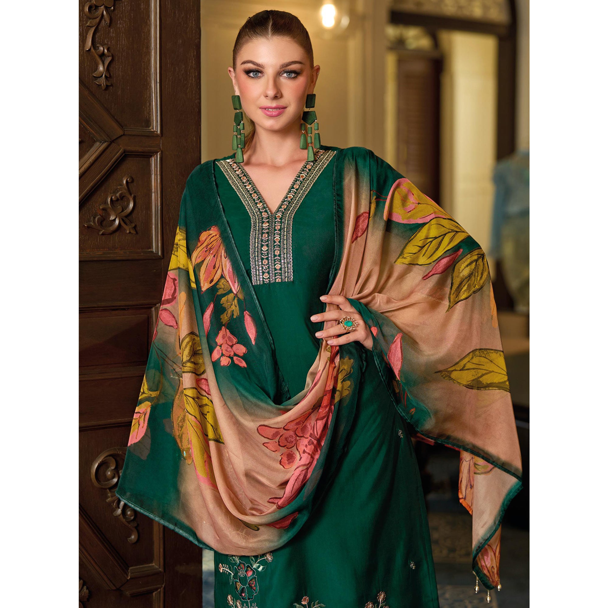 Green Floral Handwork Embroidered Viscose Salwar Suit