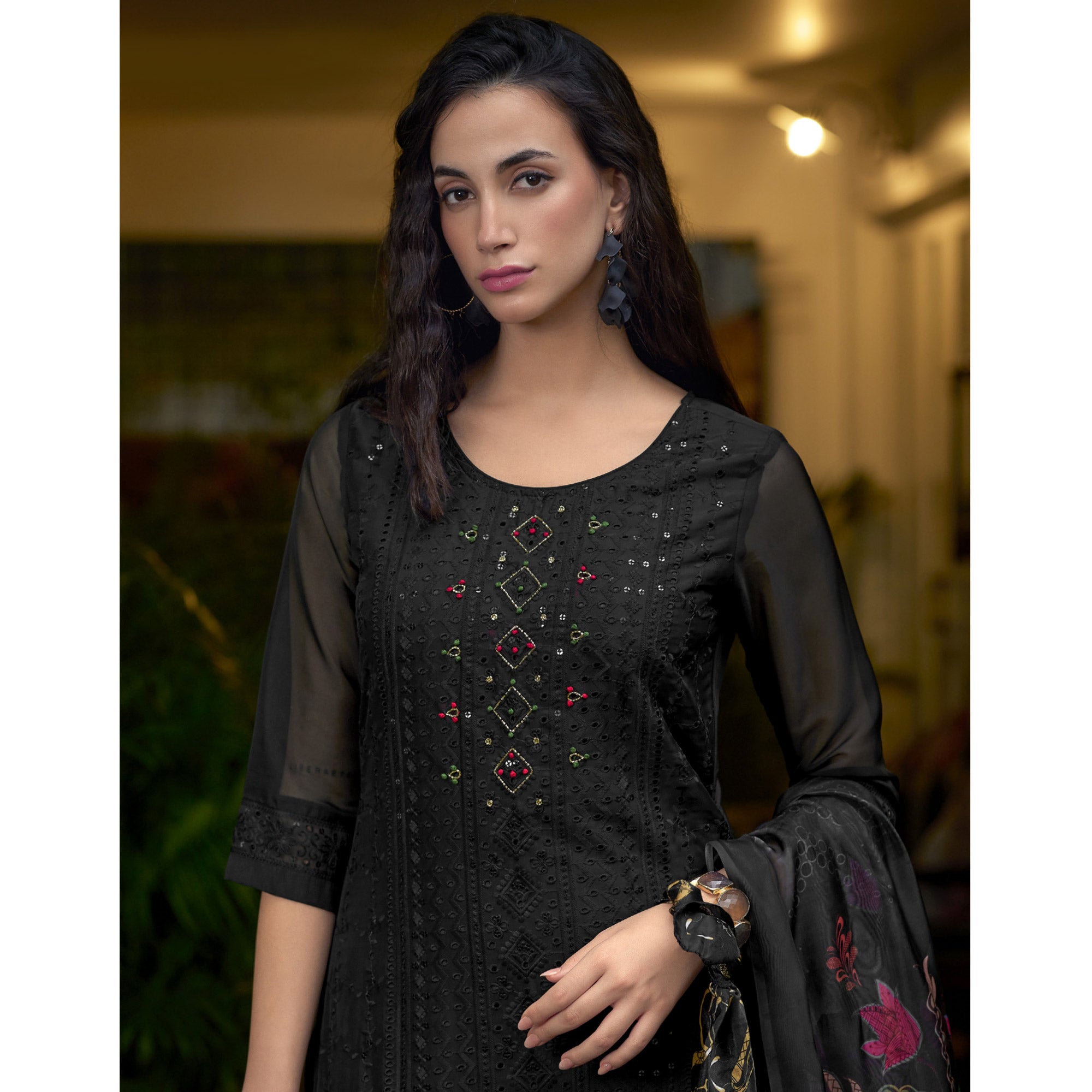 Black Chikankari With Handwork Organza Salwar Suit