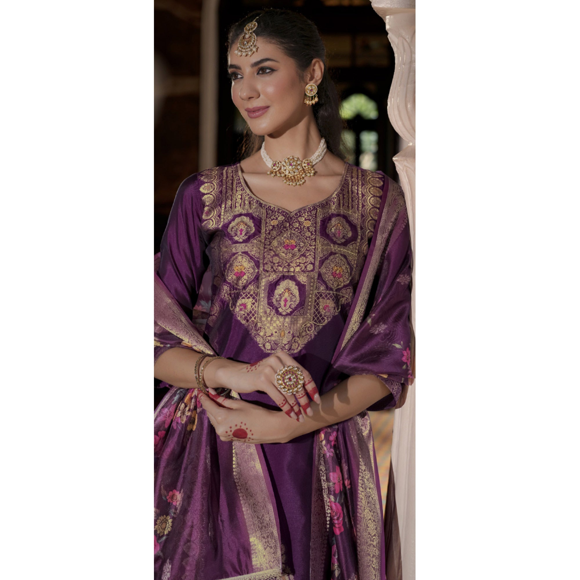 Purple Floral Woven With Handwork Organza Salwar Suit