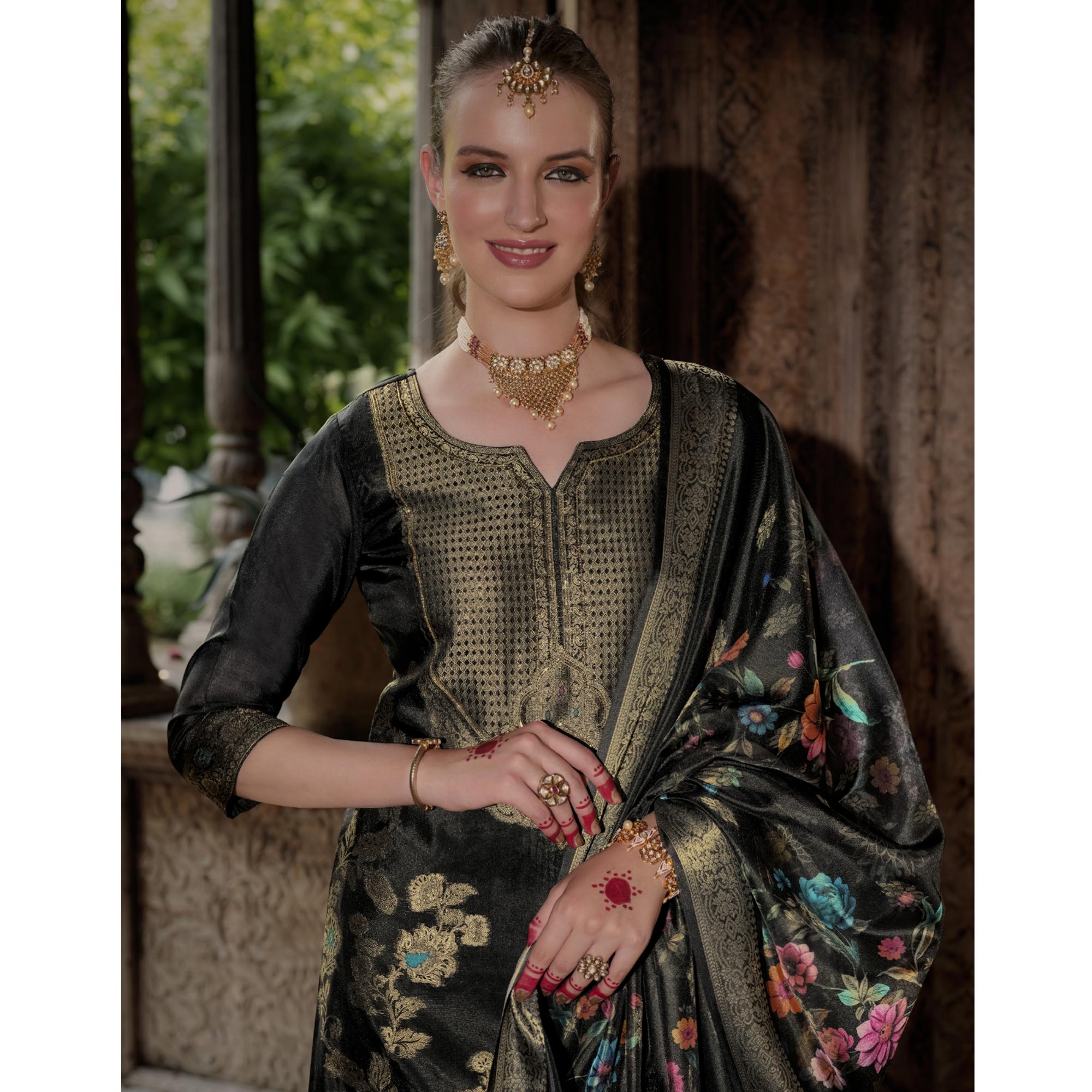 Black Floral Woven With Handwork Organza Salwar Suit