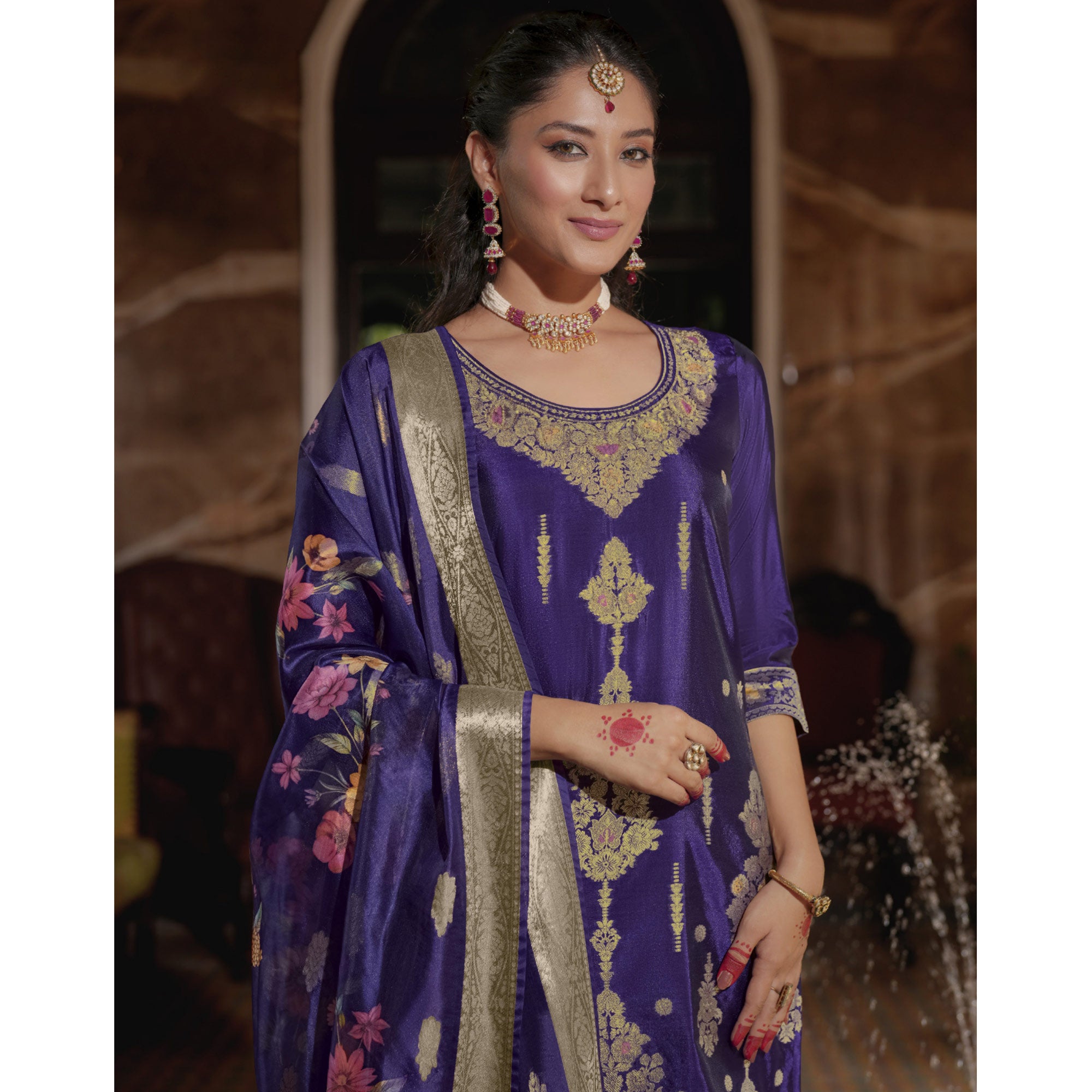 Violet Floral Woven With Handwork Organza Salwar Suit