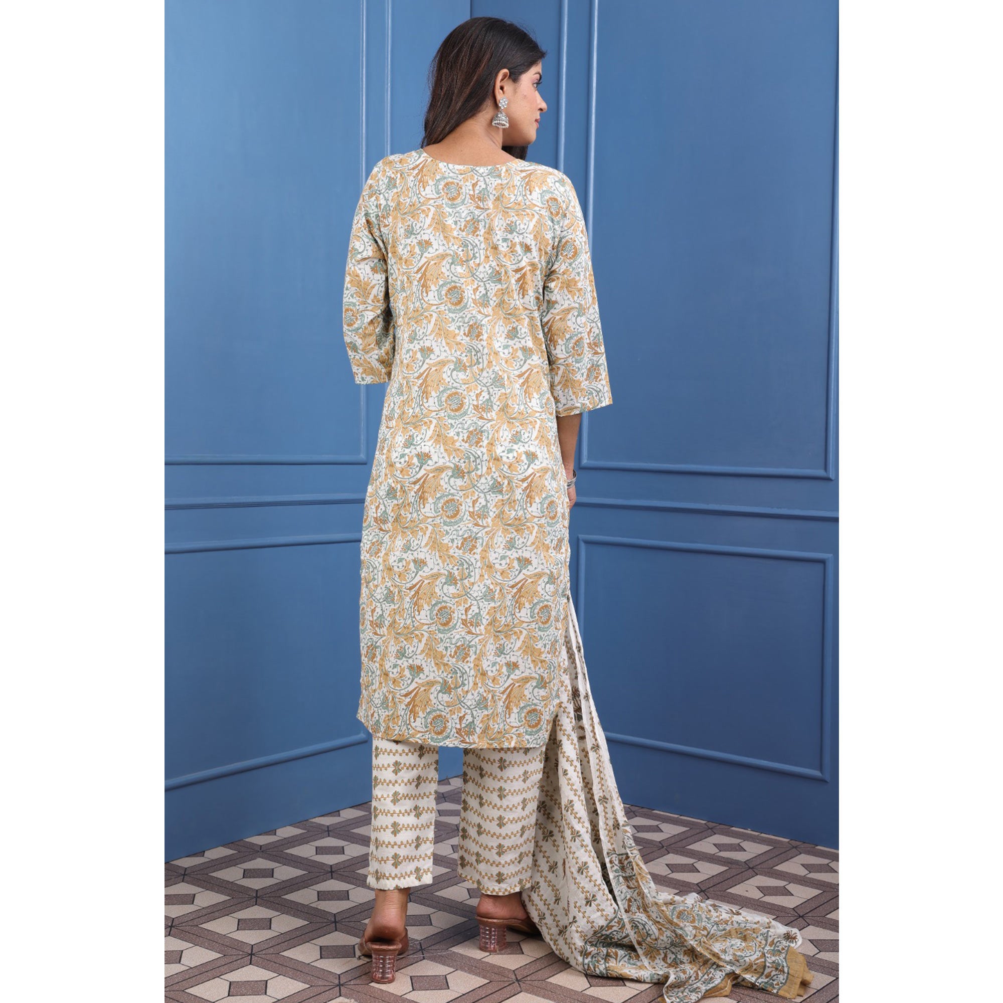 Cream And Brown Floral Printed Pure Cotton Suit