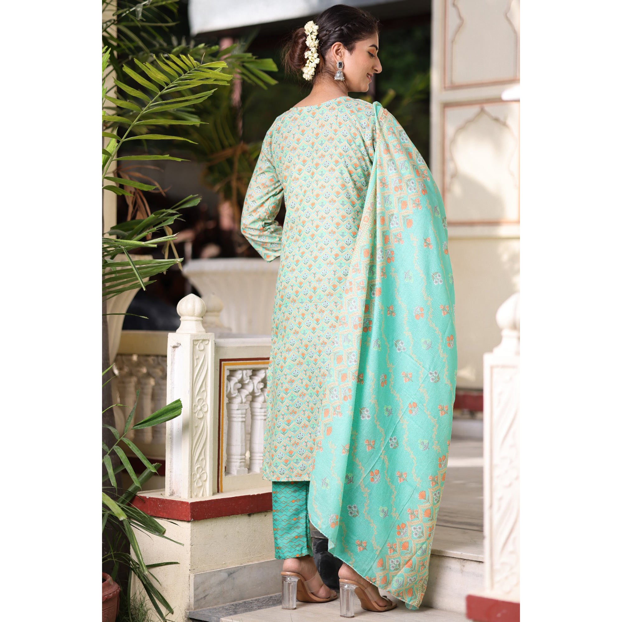 Green Floral Printed Pure Cotton Suit