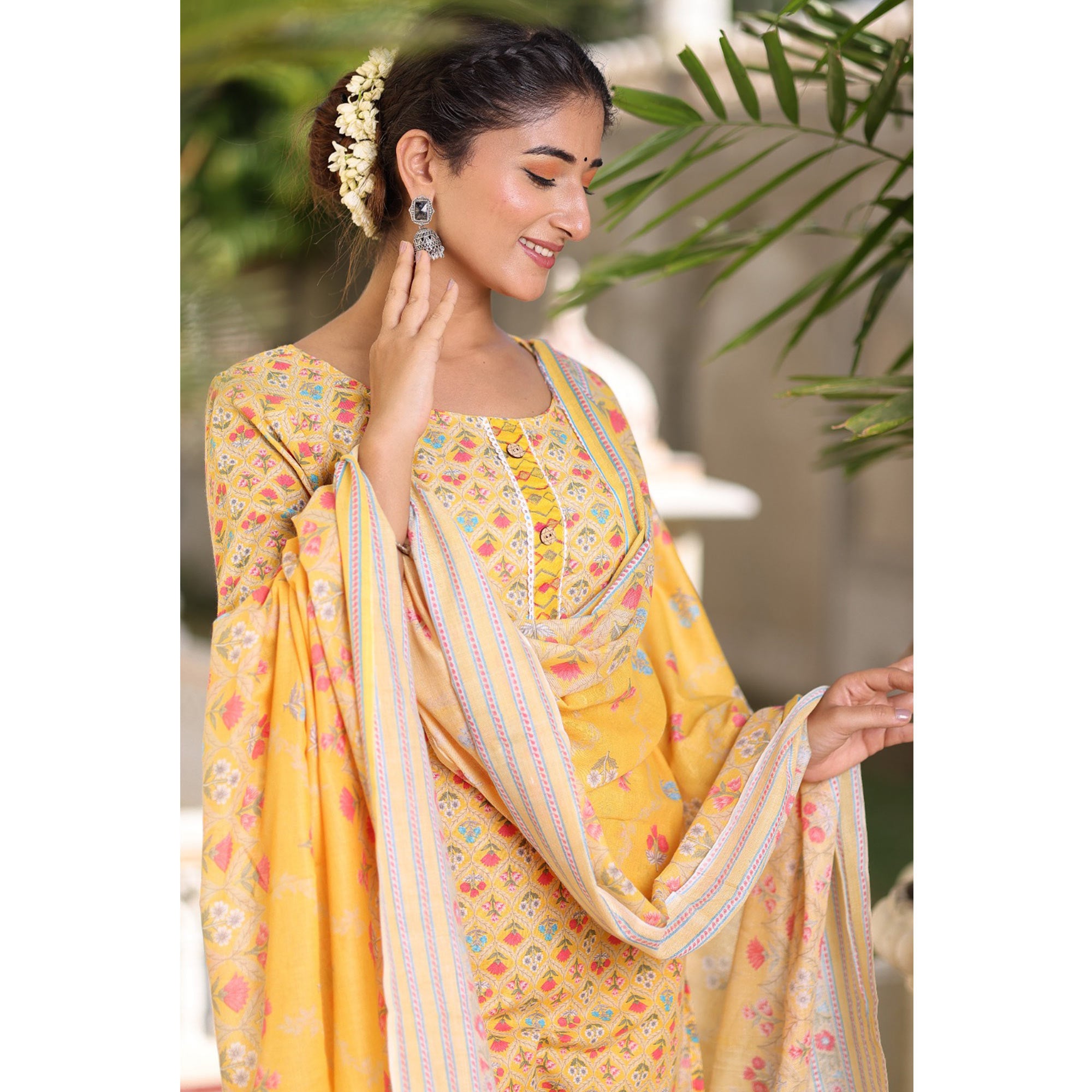 Yellow Floral Printed Pure Cotton Suit