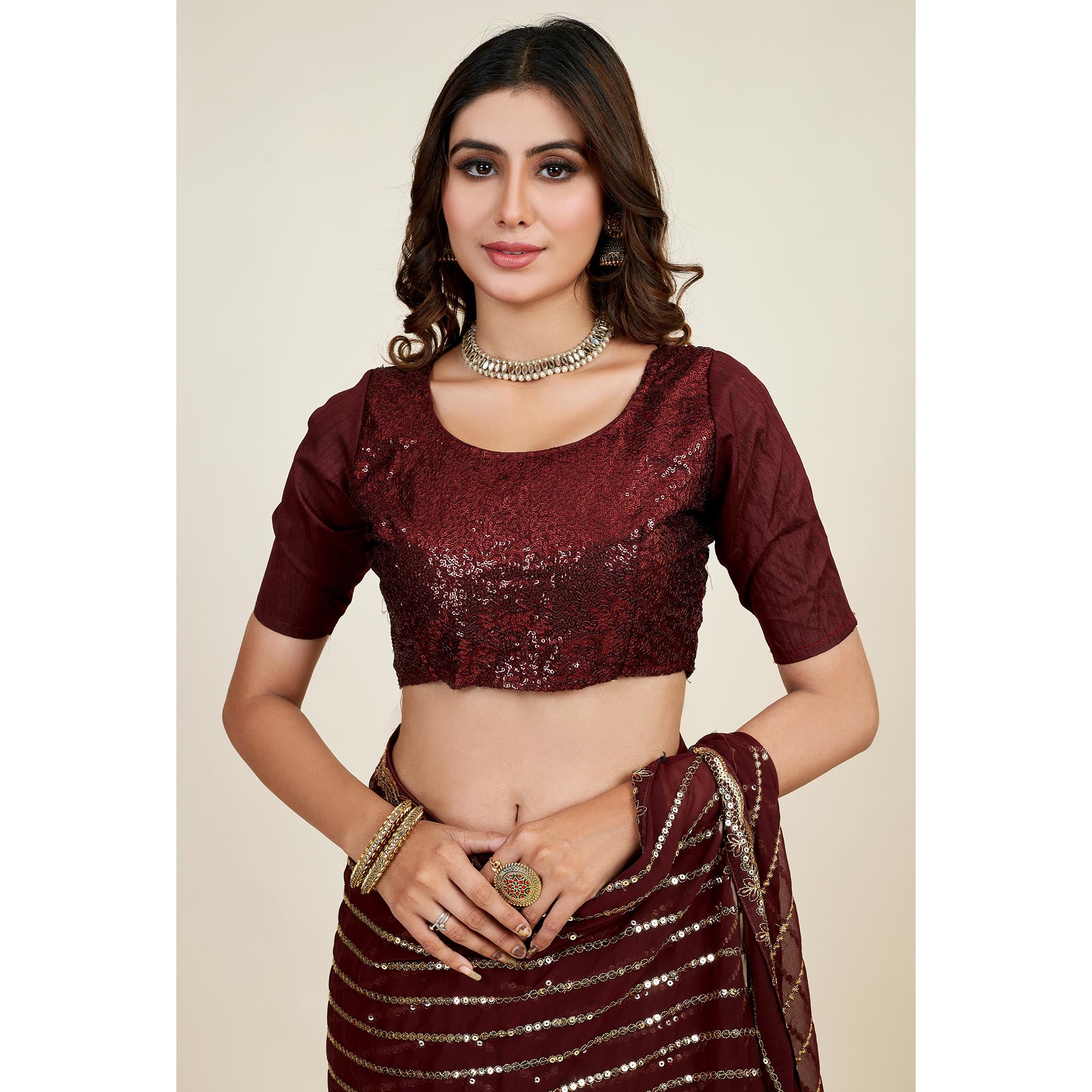 Brown Sequins Embroidered Georgette Saree