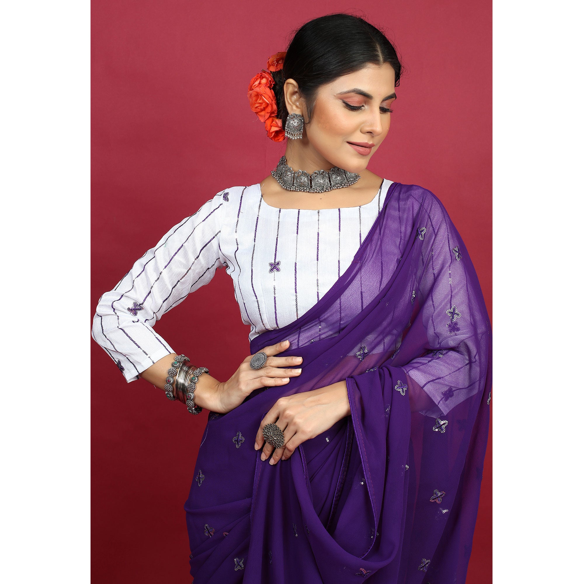 Purple Sequins Embroidered Georgette Saree