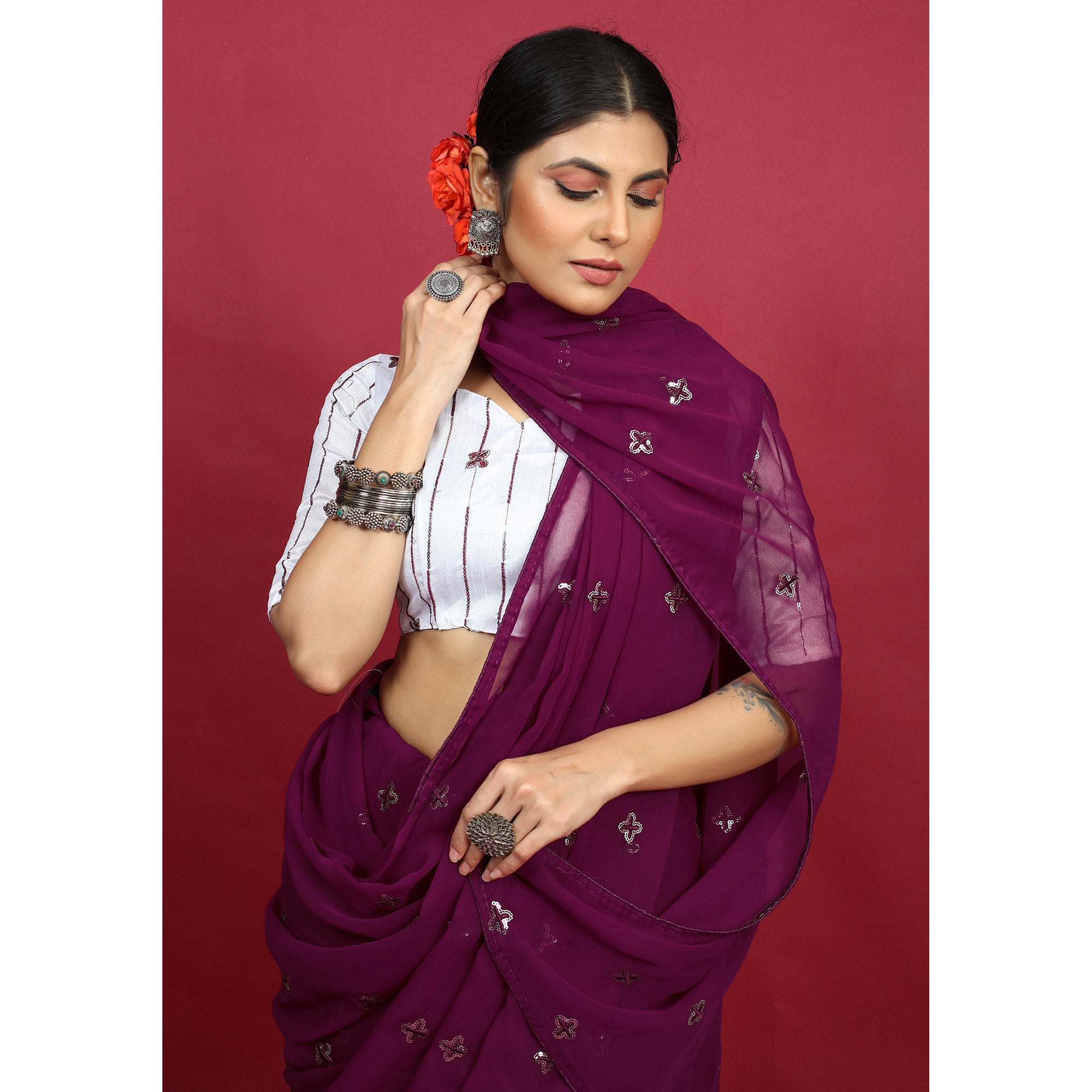 Wine Sequins Embroidered Georgette Saree