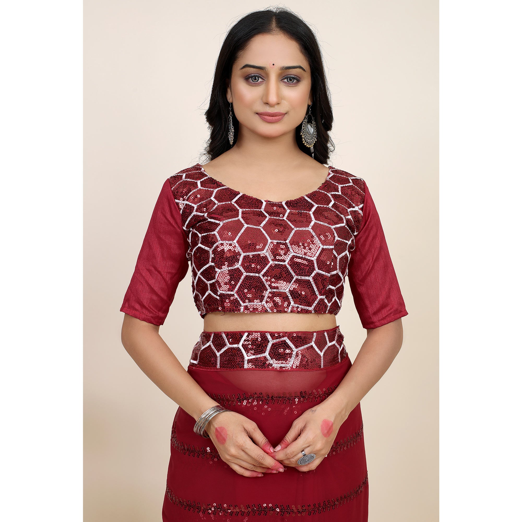 Maroon Sequins Embroidered Georgette Saree