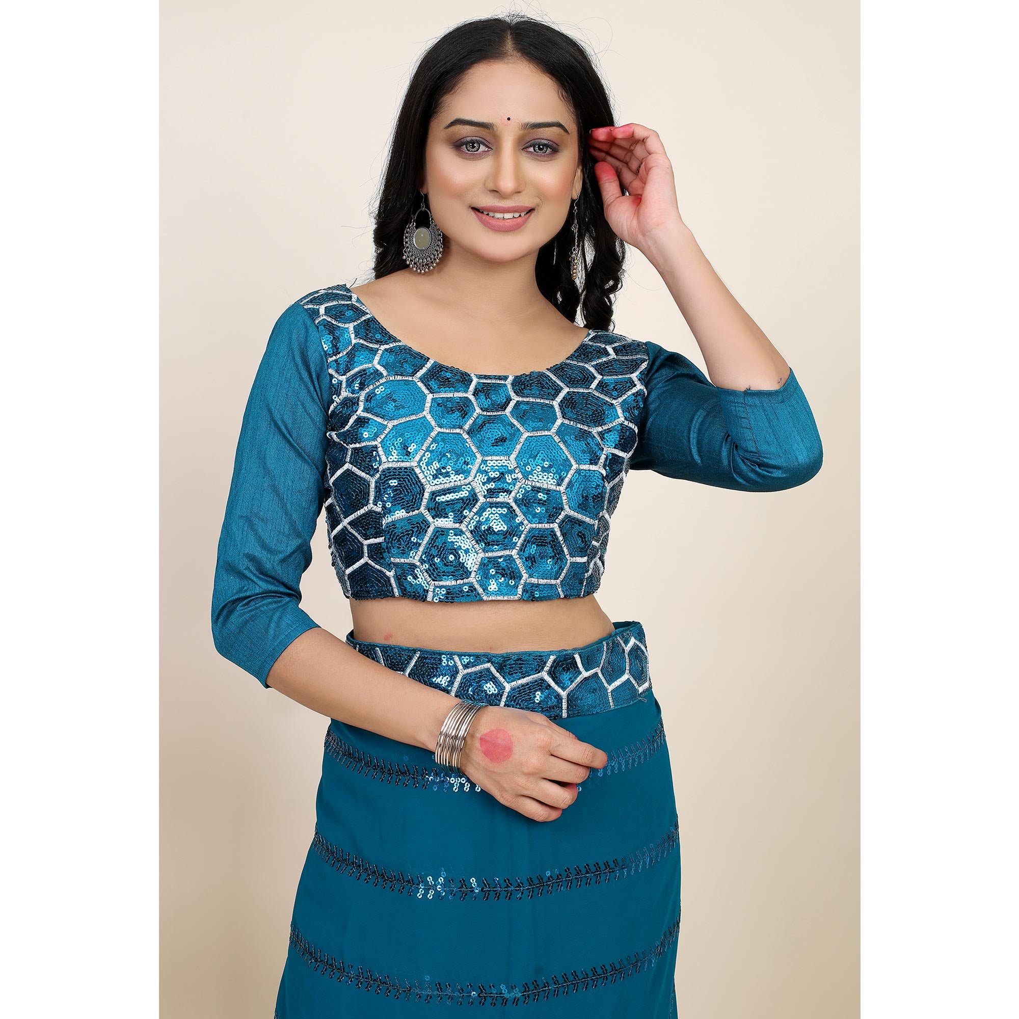 Blue Sequins Embroidered Georgette Saree
