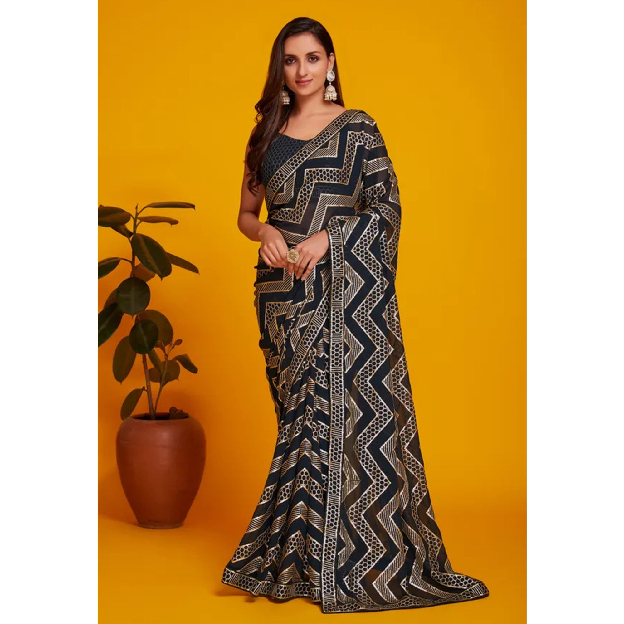 Black Sequins Embroidered Georgette Saree