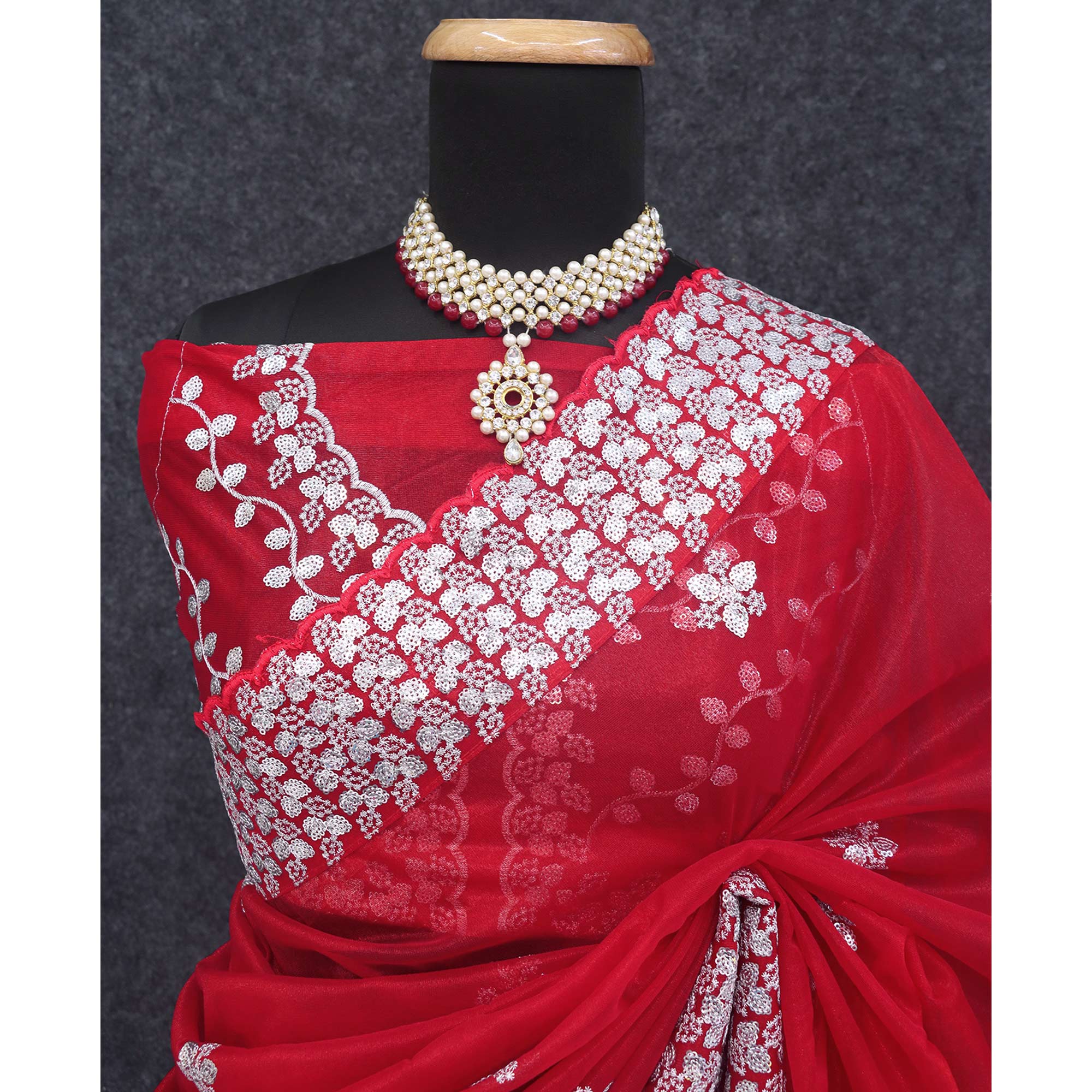 Red Floral Embroidered Net Saree