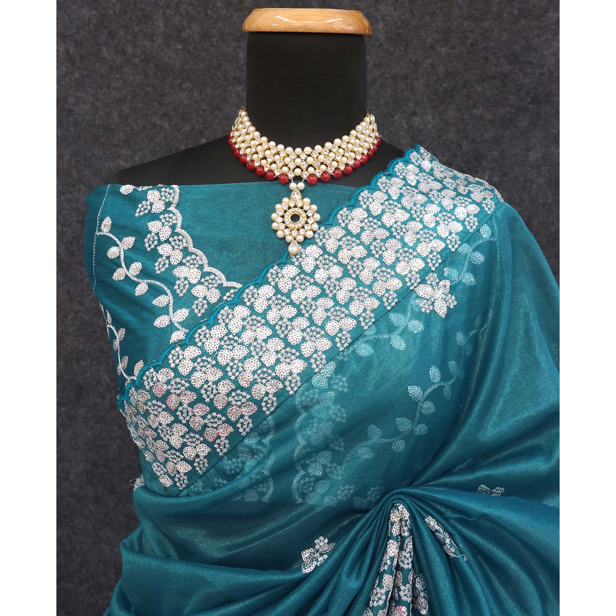 Teal Floral Embroidered Net Saree