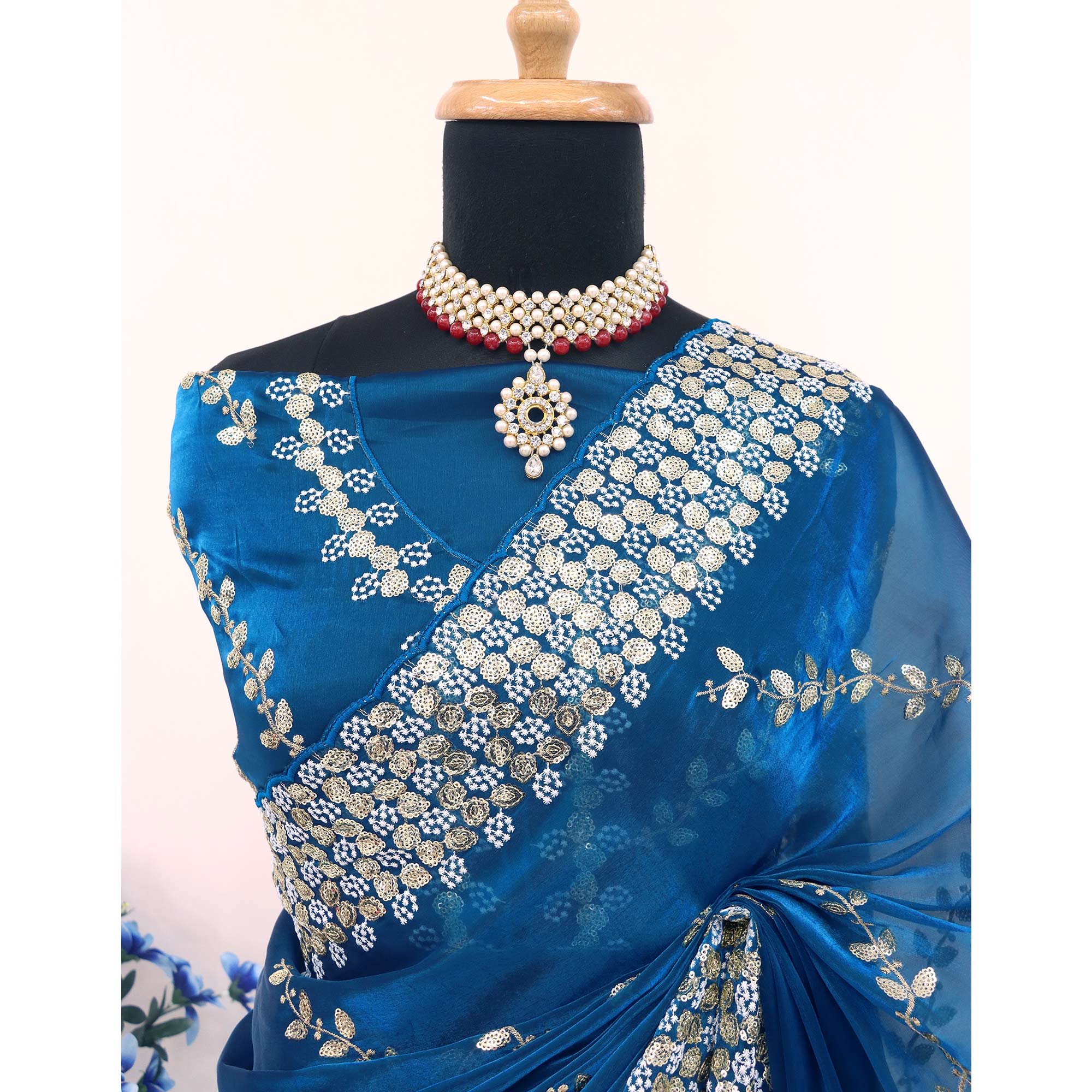 Blue Sequins Embroidered Satin Saree