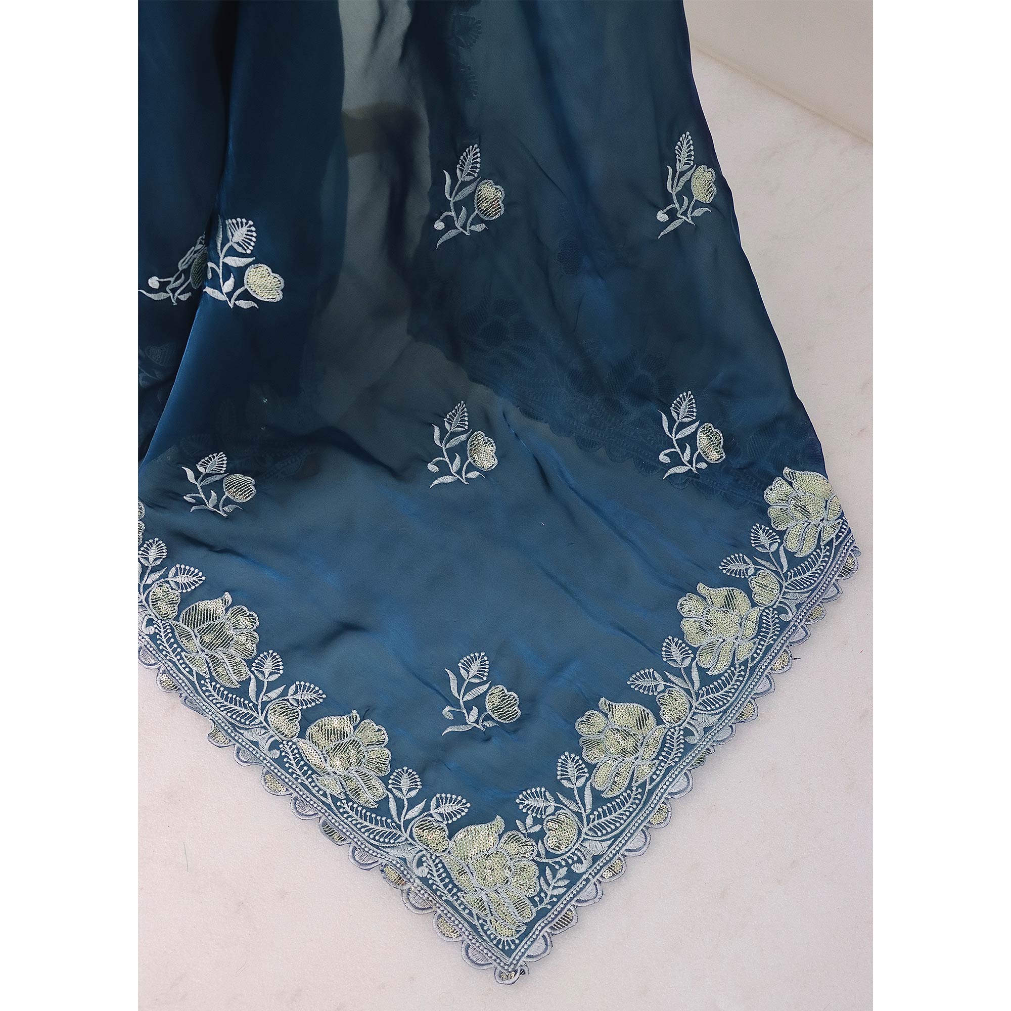 Blue Floral Embroidered Satin Saree