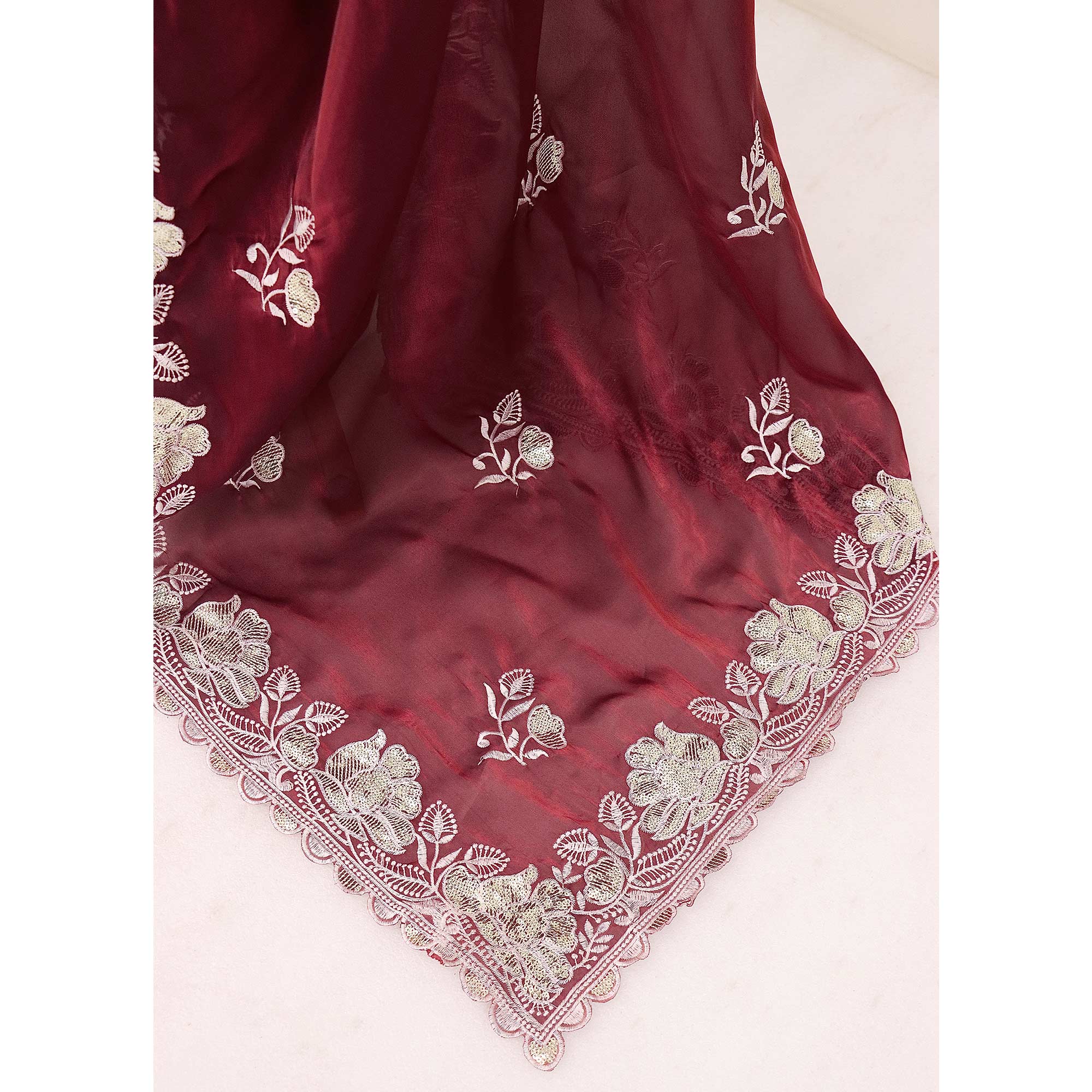 Maroon Floral Embroidered Satin Saree