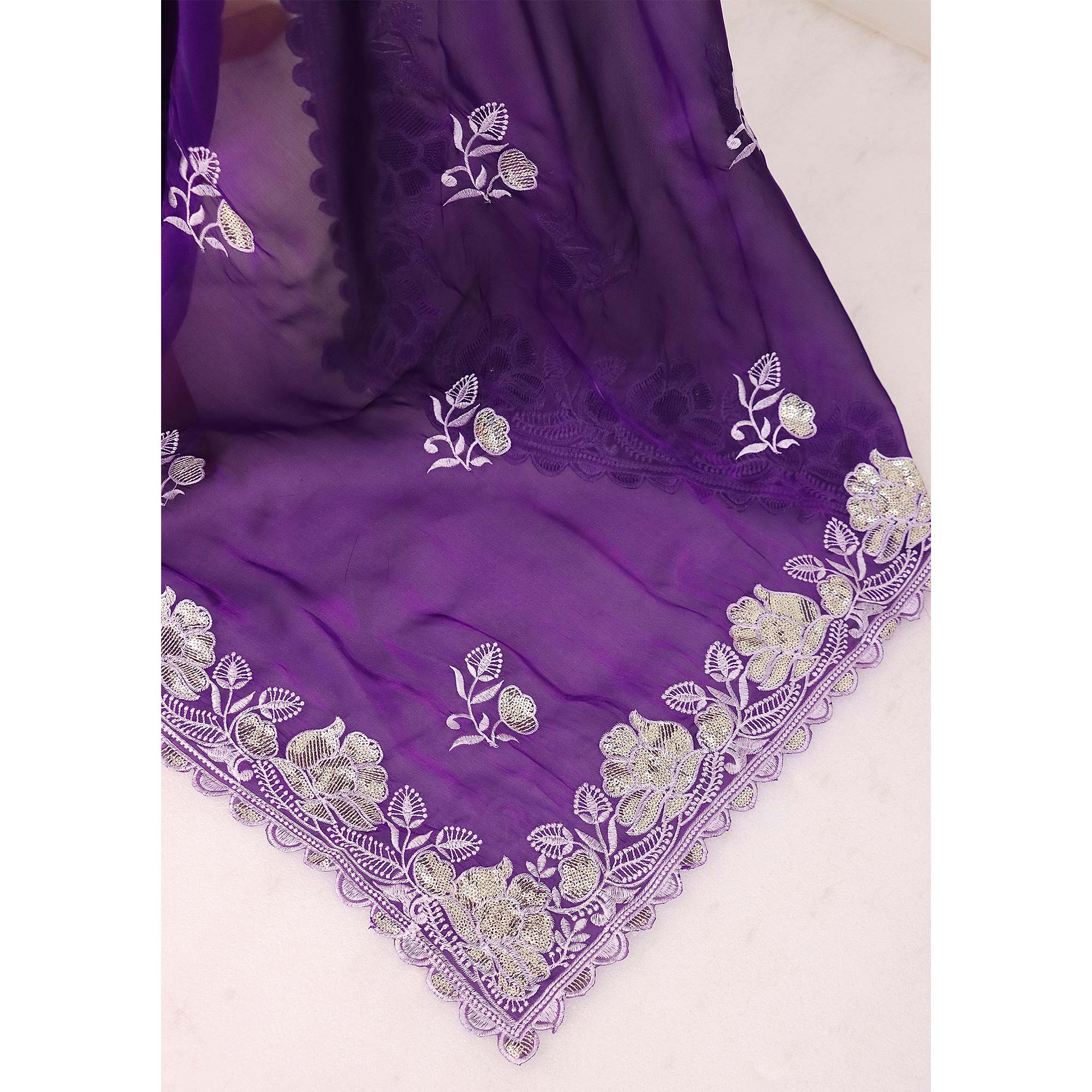 Purple Floral Embroidered Satin Saree