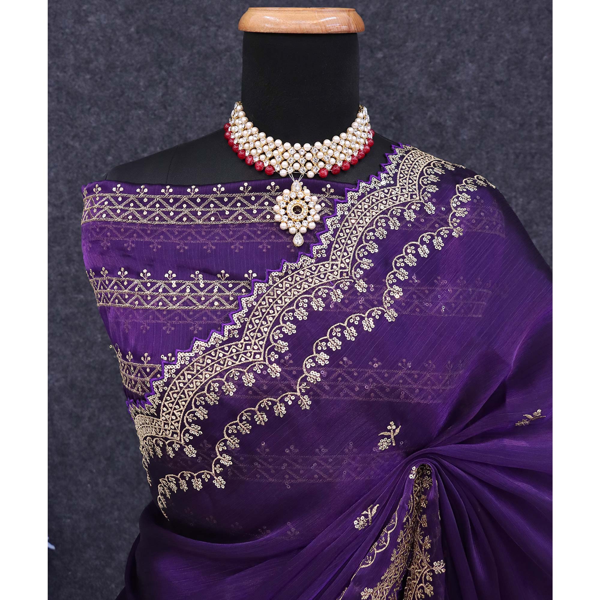 Purple Embroidered Chiffon Saree