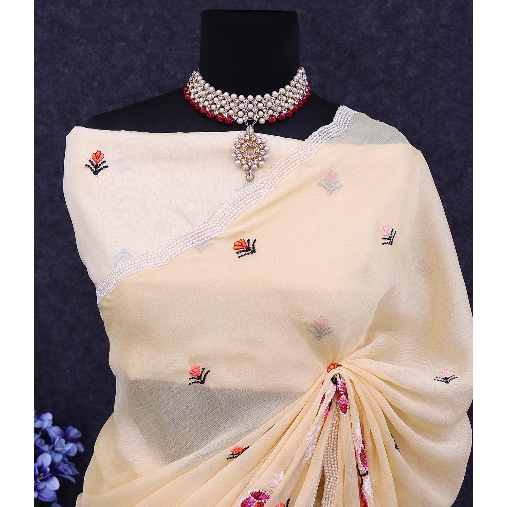 Beige Floral Embroidered Chiffon Saree