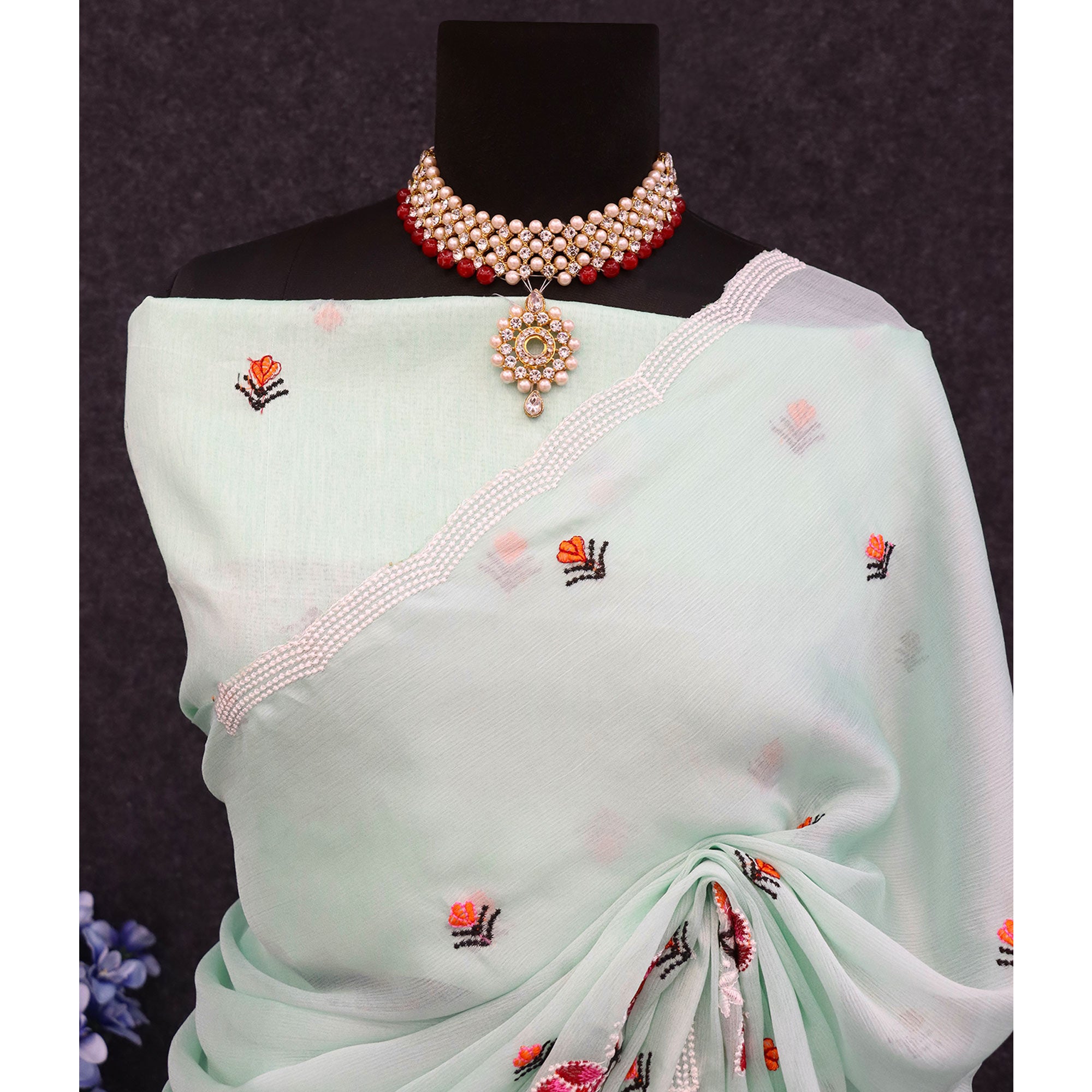 Mint Green Floral Embroidered Chiffon Saree