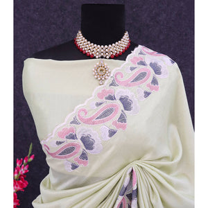 Green Floral Embroidered Vichitra Silk Saree